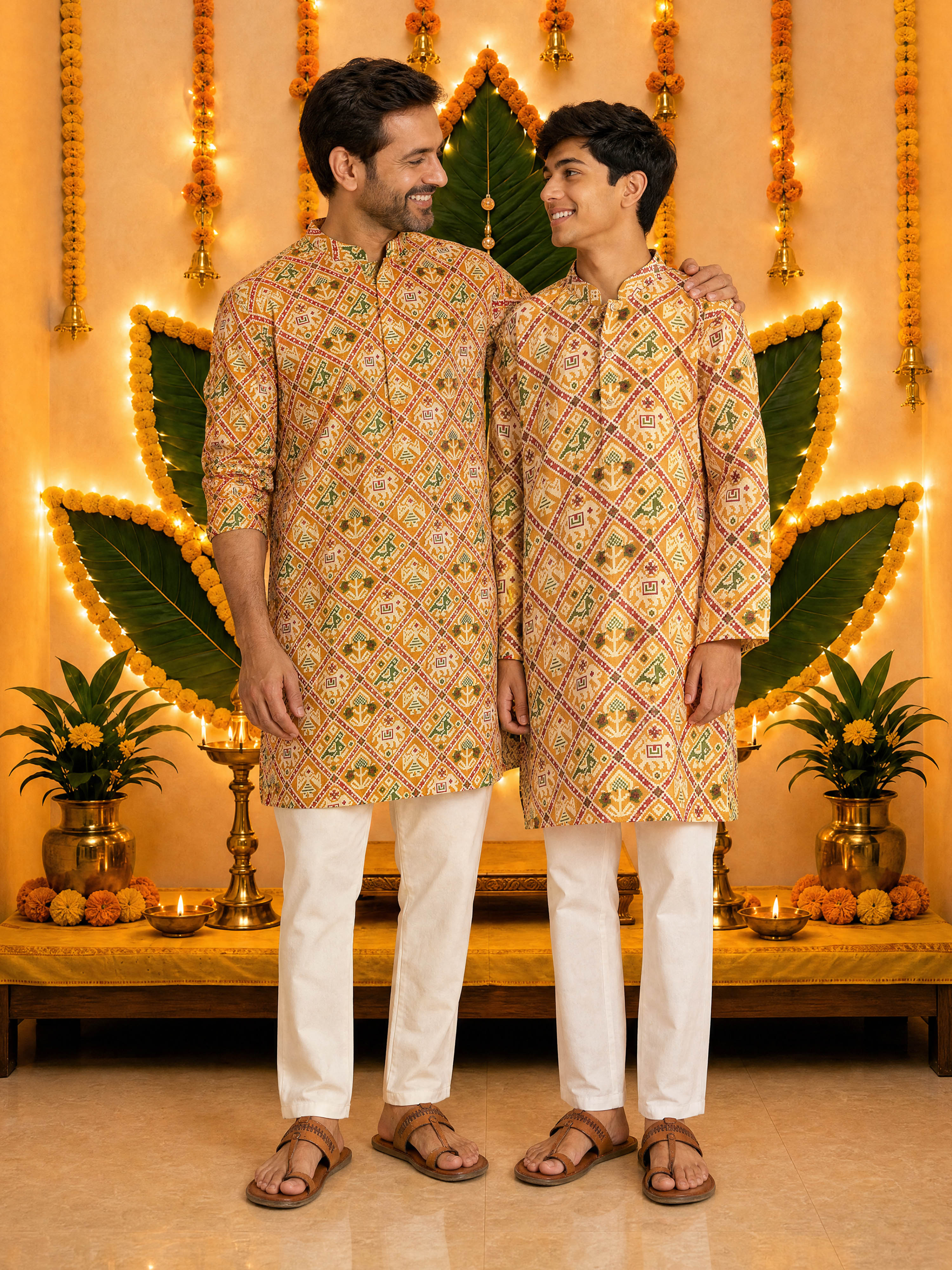 Boys's Mustard Cotton Ikkat Thigh Length Kurta And Pyjama Set