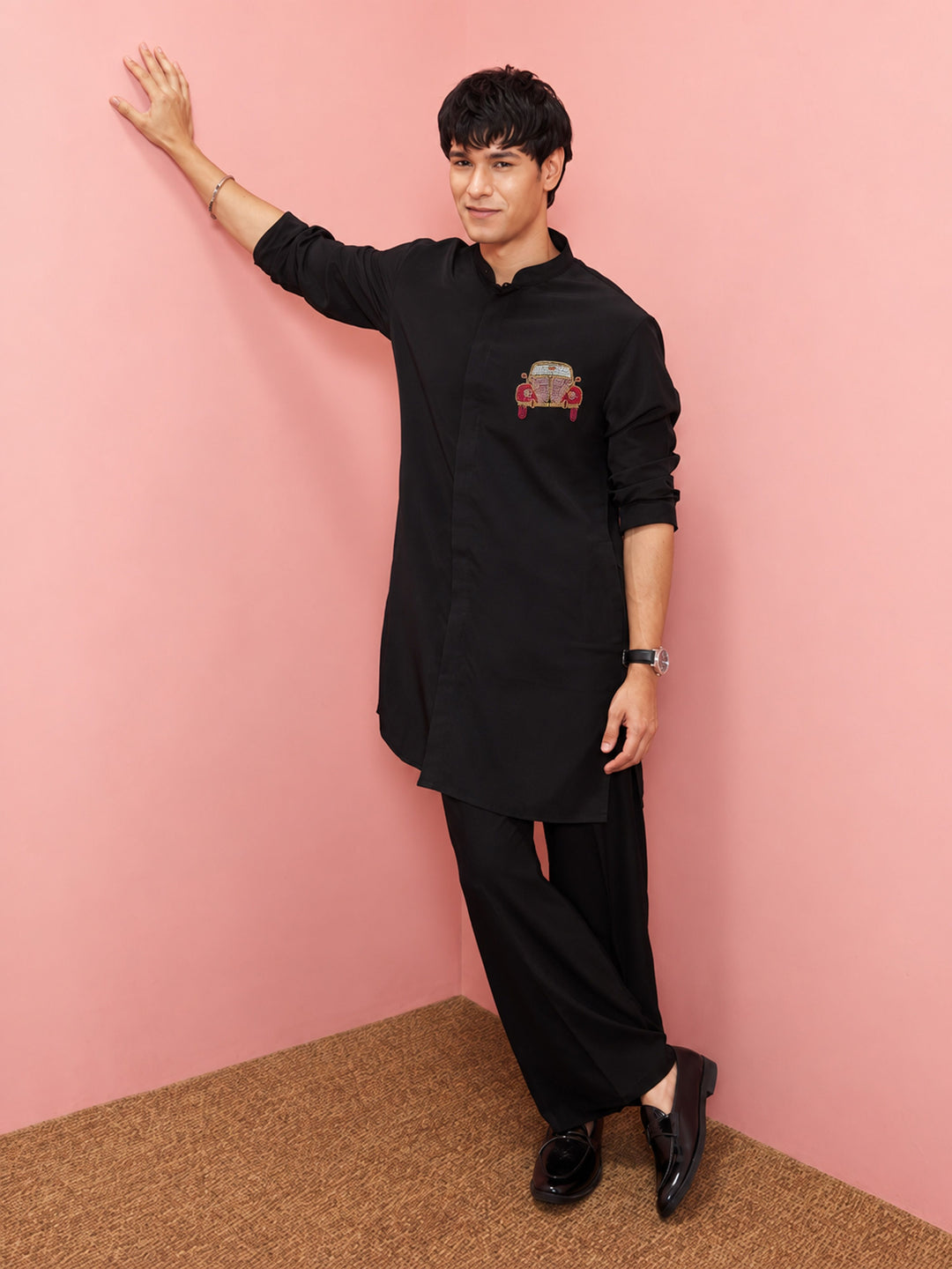 Men Black Armani Kurta with Pant Diwali, Party, Festive Ethnic Wear