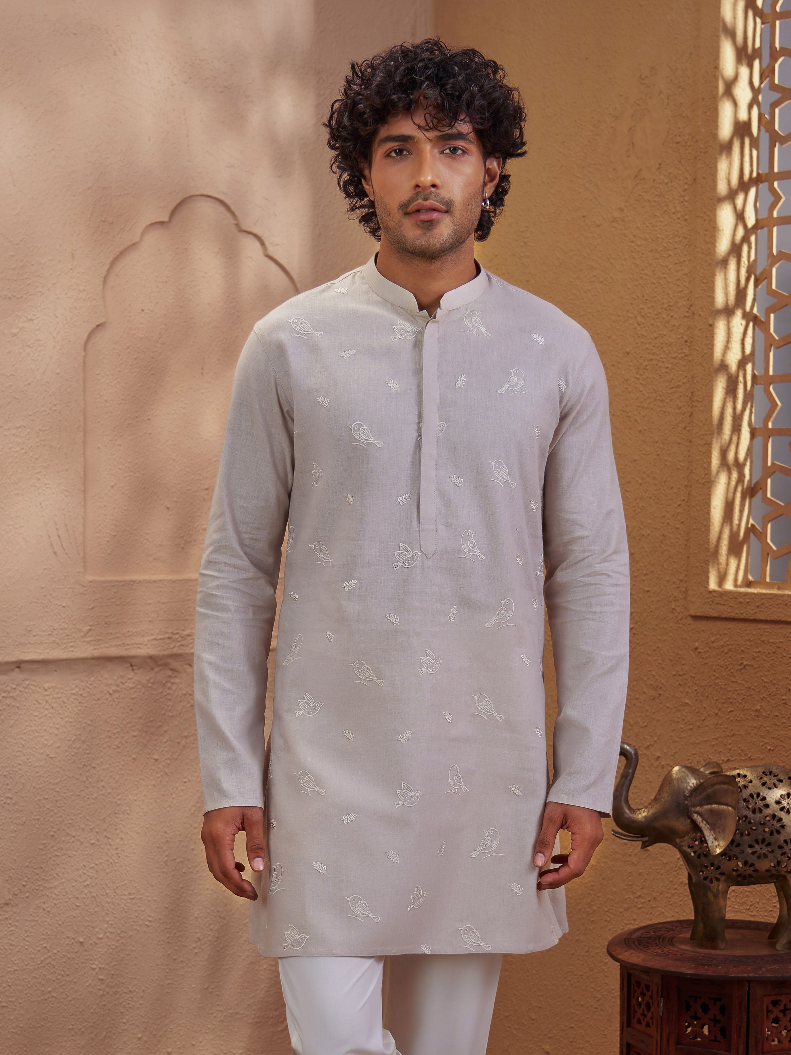 Men's Beige Woven Fabric Embroidered Thigh Length Thigh Length Kurta