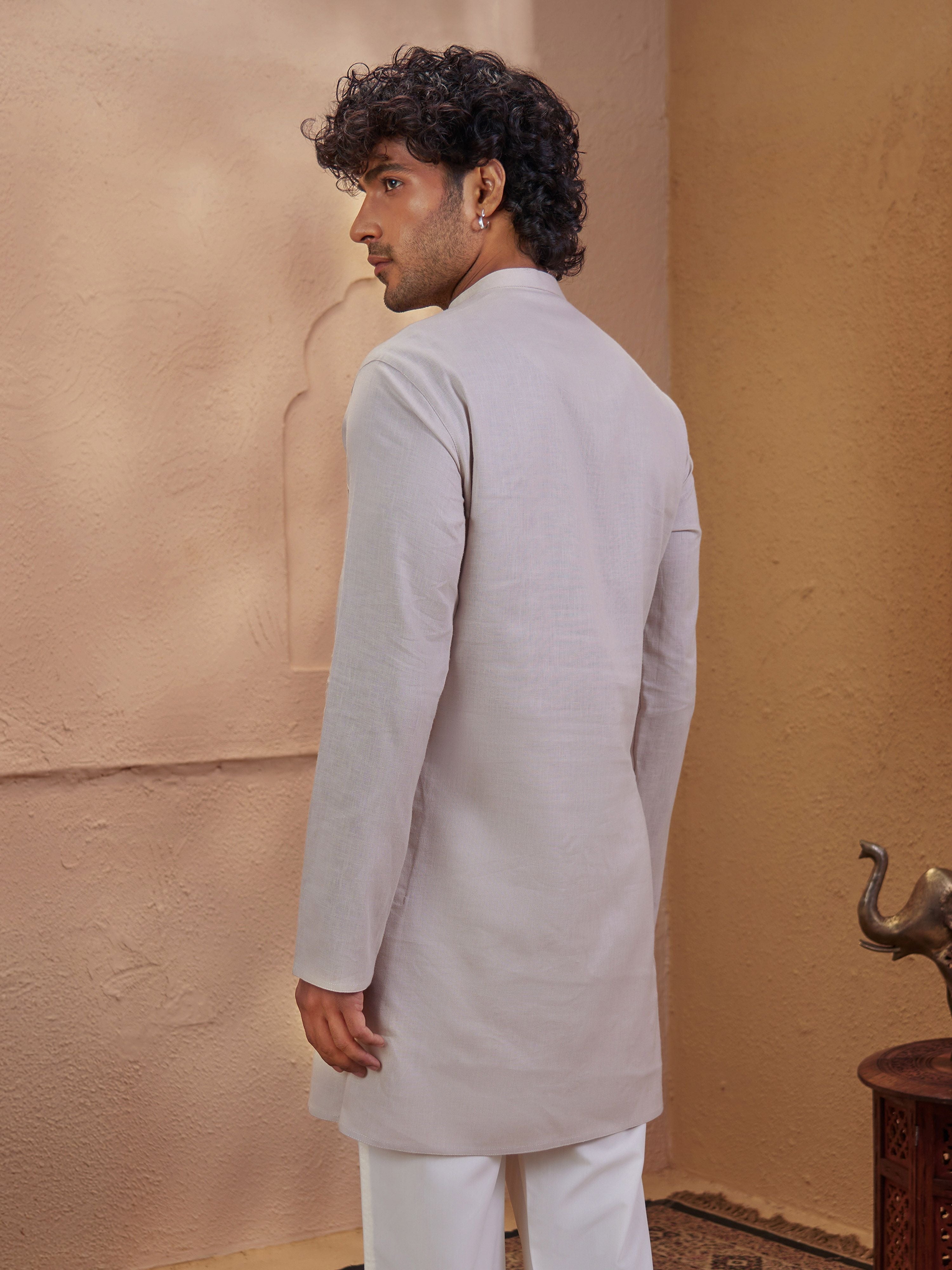 Men's Beige Woven Fabric Embroidered Thigh Length Thigh Length Kurta