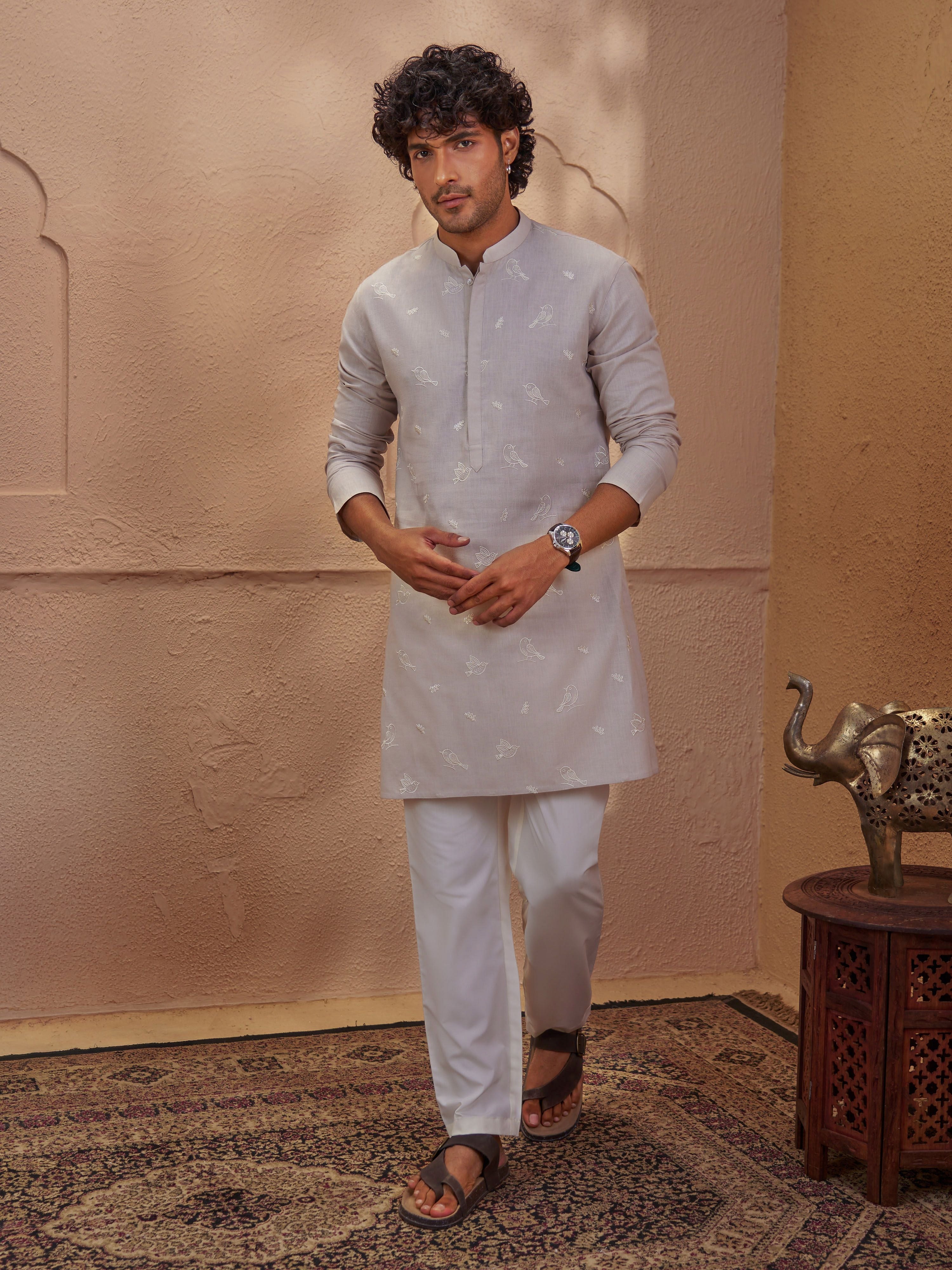 Men's Beige Woven Fabric Embroidered Thigh Length Thigh Length Kurta
