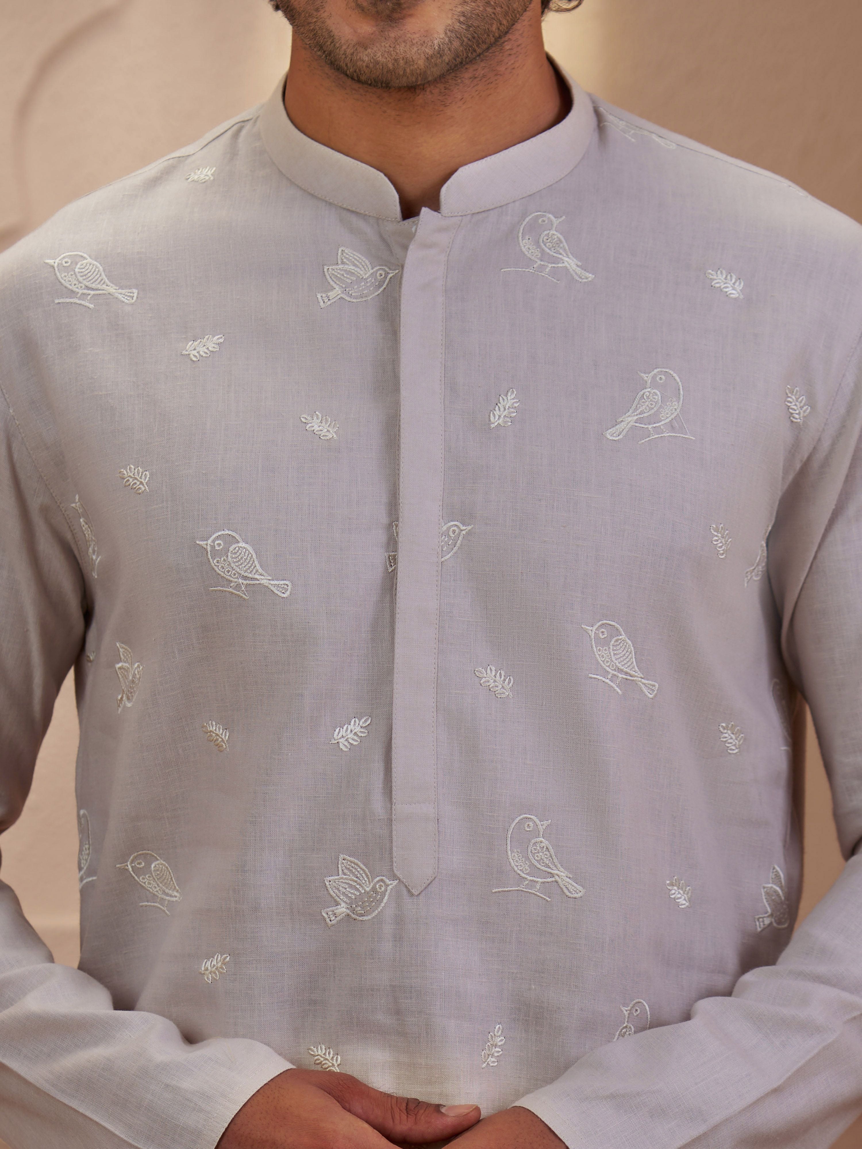 Men's Beige Cotton Embroidered Thigh Length Kurta With Pyjama