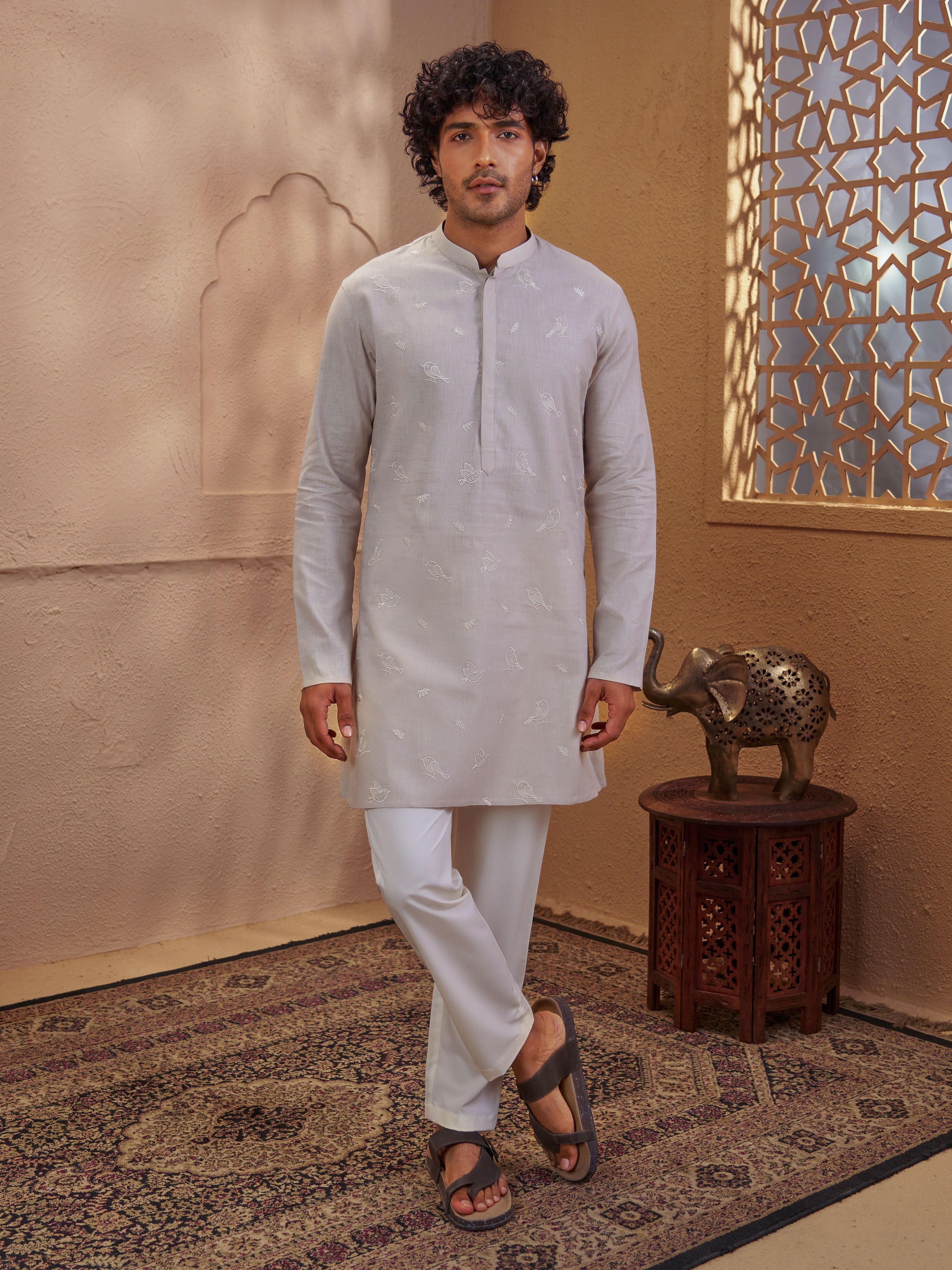 Men's Beige Cotton Embroidered Thigh Length Kurta With Pyjama