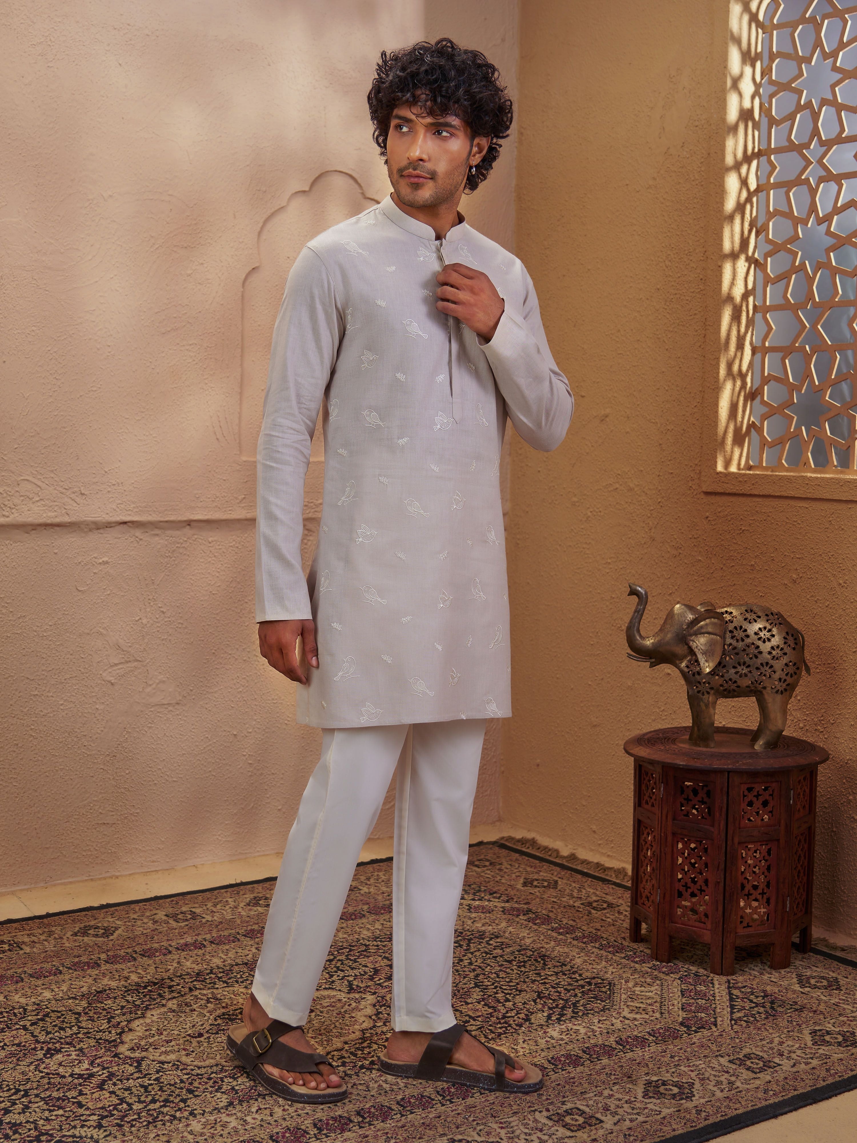 Men's Beige Cotton Embroidered Thigh Length Kurta With Pyjama