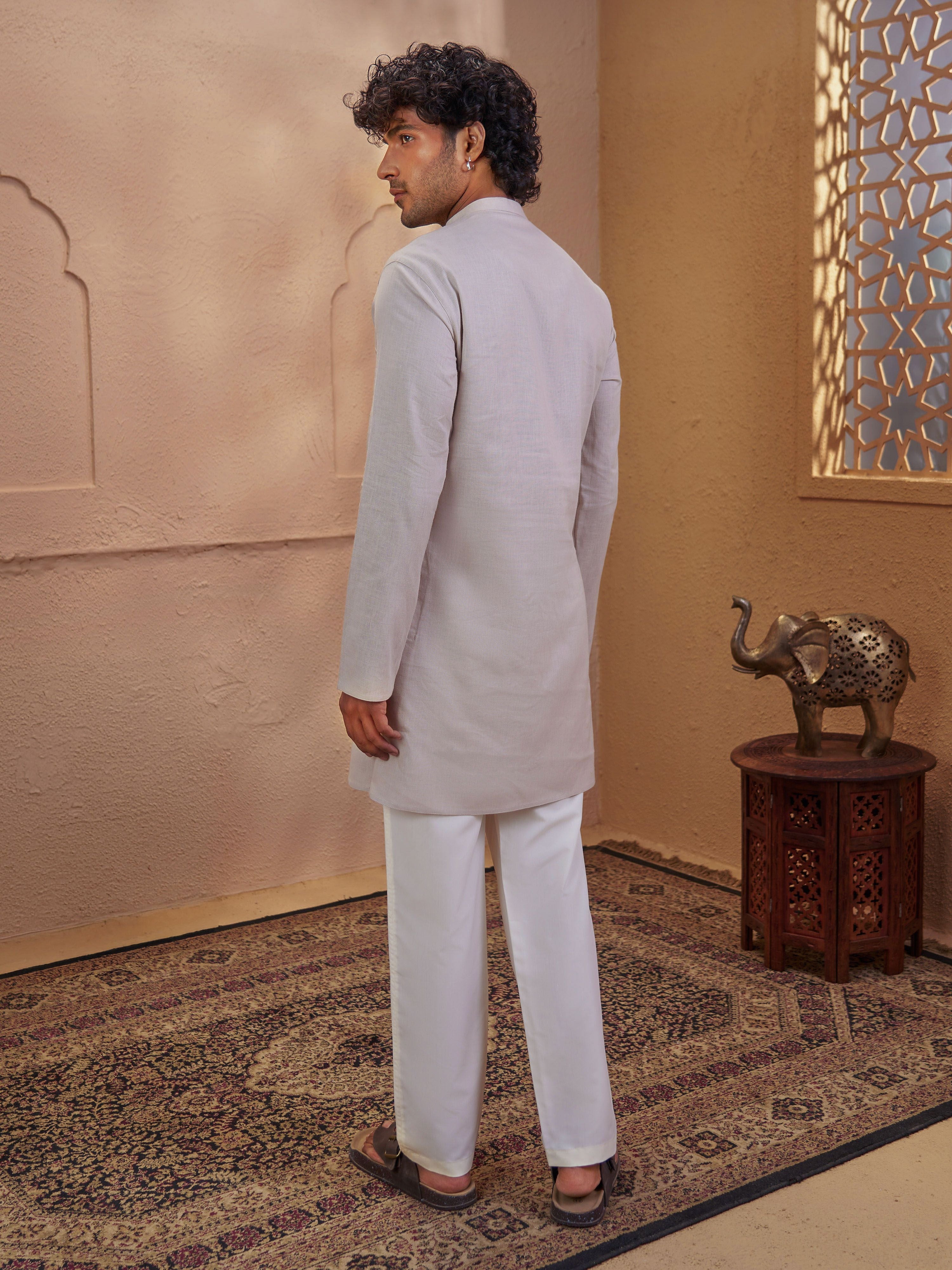 Men's Beige Cotton Embroidered Thigh Length Kurta With Pyjama