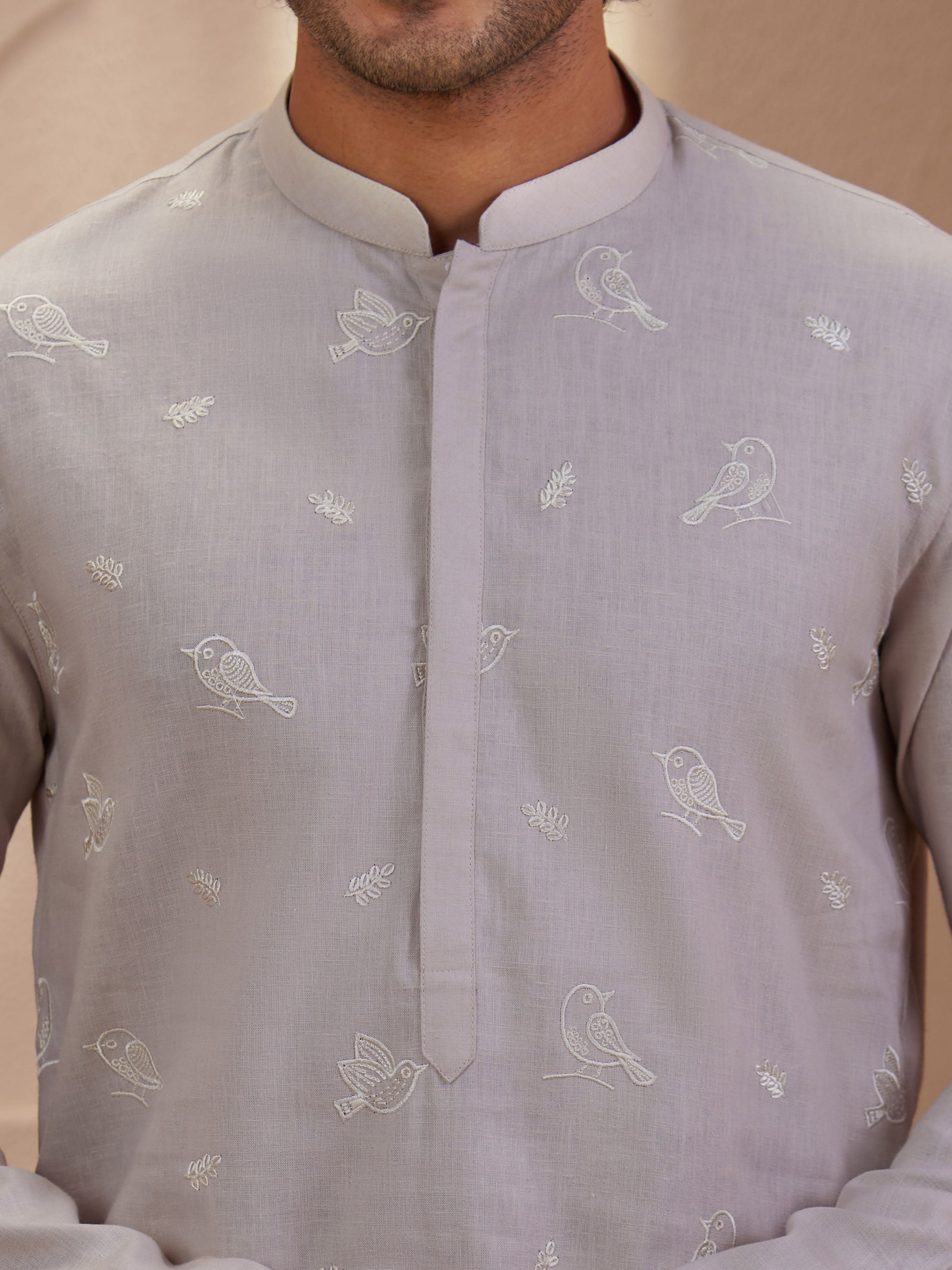 Men's Beige Woven Fabric Embroidered Thigh Length Kurta With Wide Leg Pant