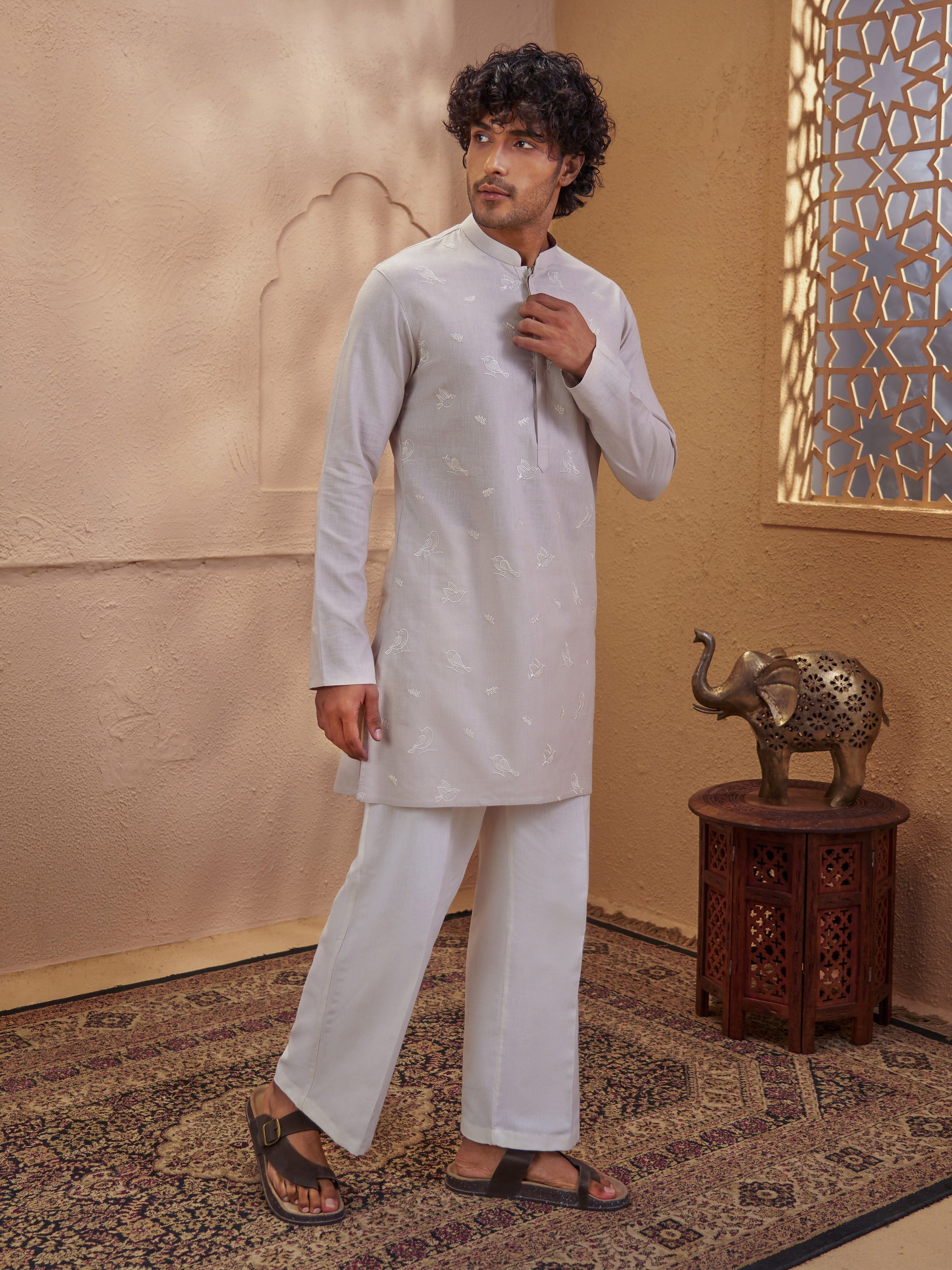 Men's Beige Woven Fabric Embroidered Thigh Length Kurta With Wide Leg Pant
