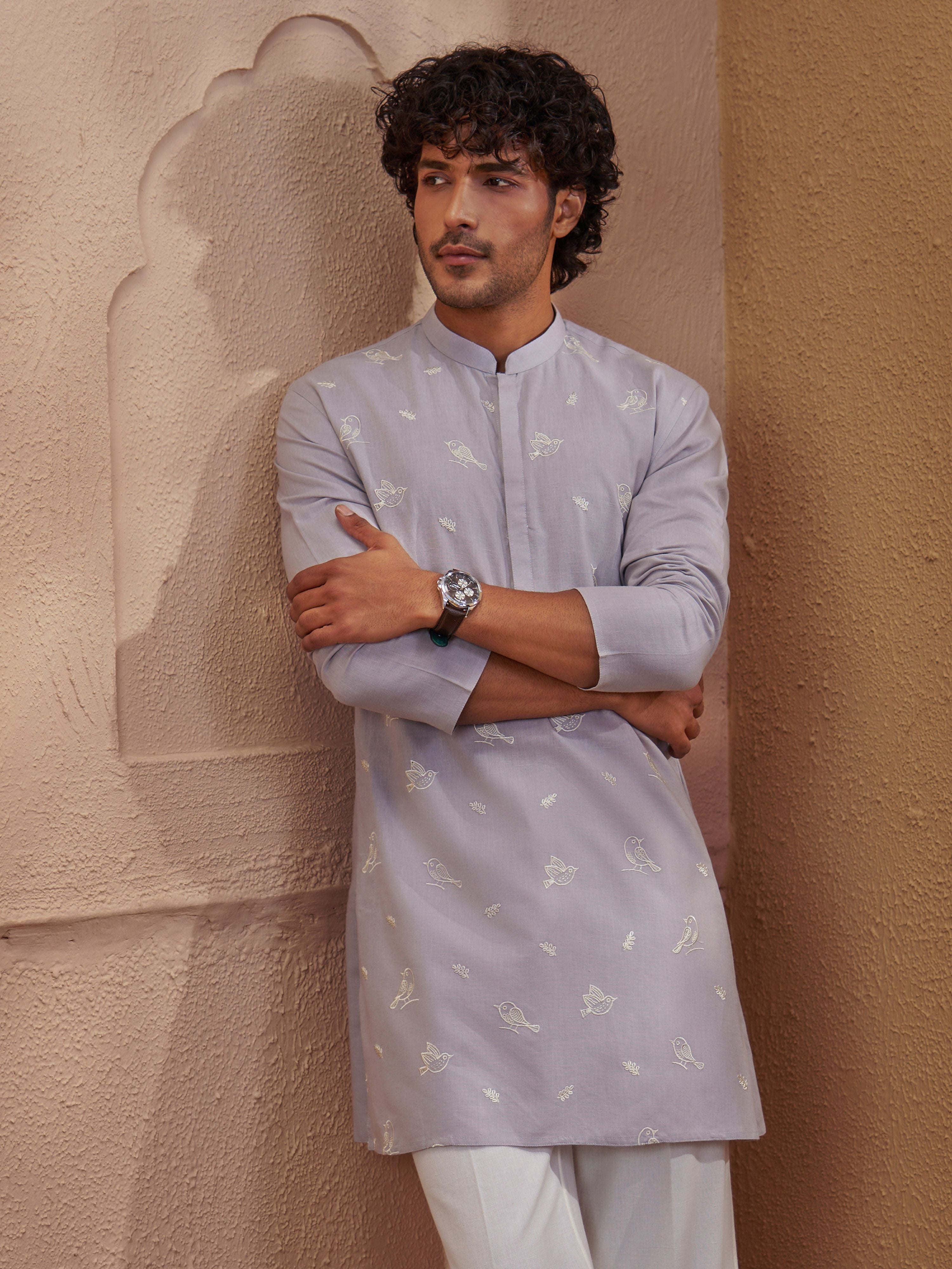 Men Grey Embroidered Mandarin Collar Thigh Length Kurta