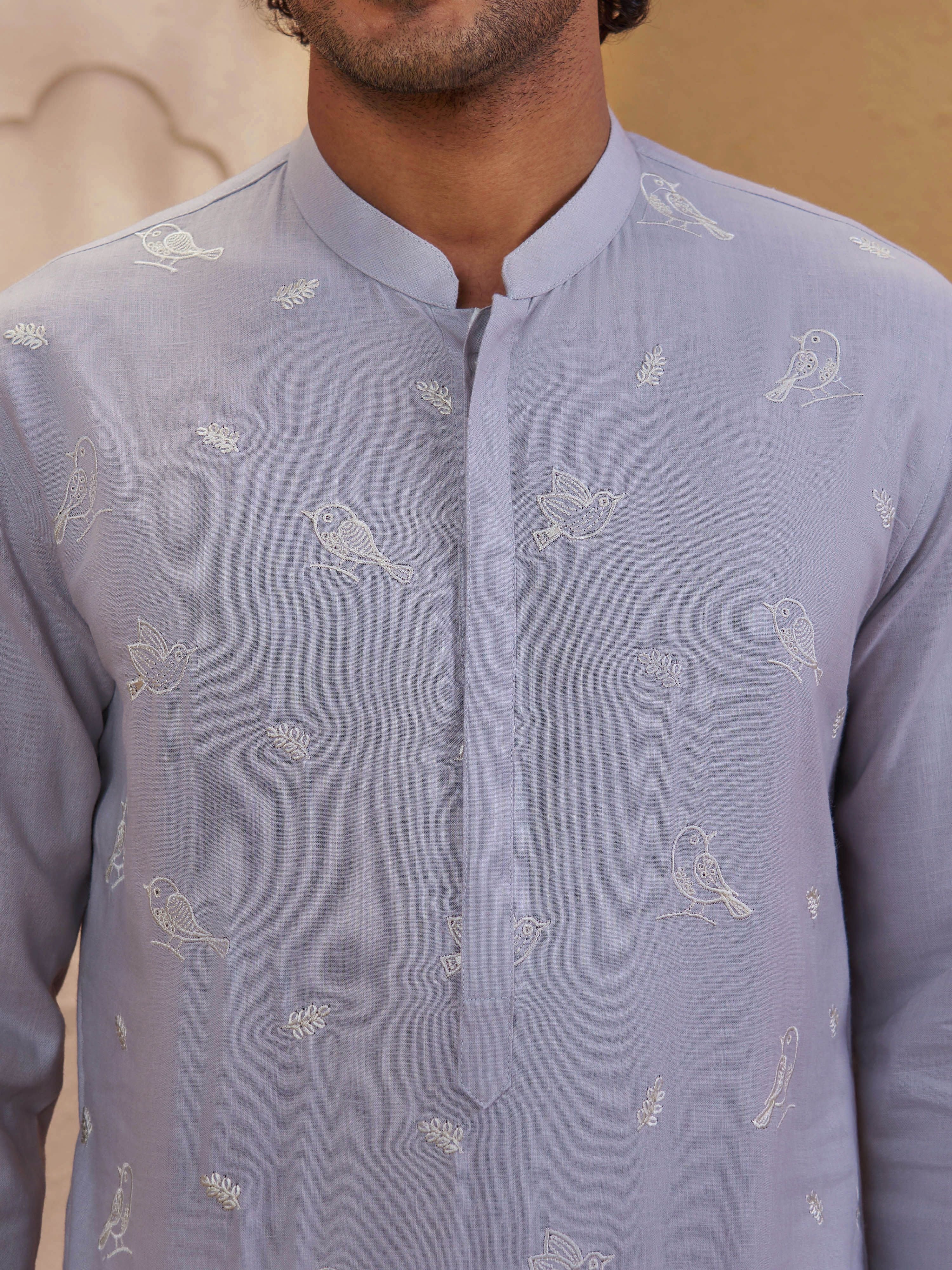 Men's Grey Woven Fabric Embroidered Thigh Length Kurta