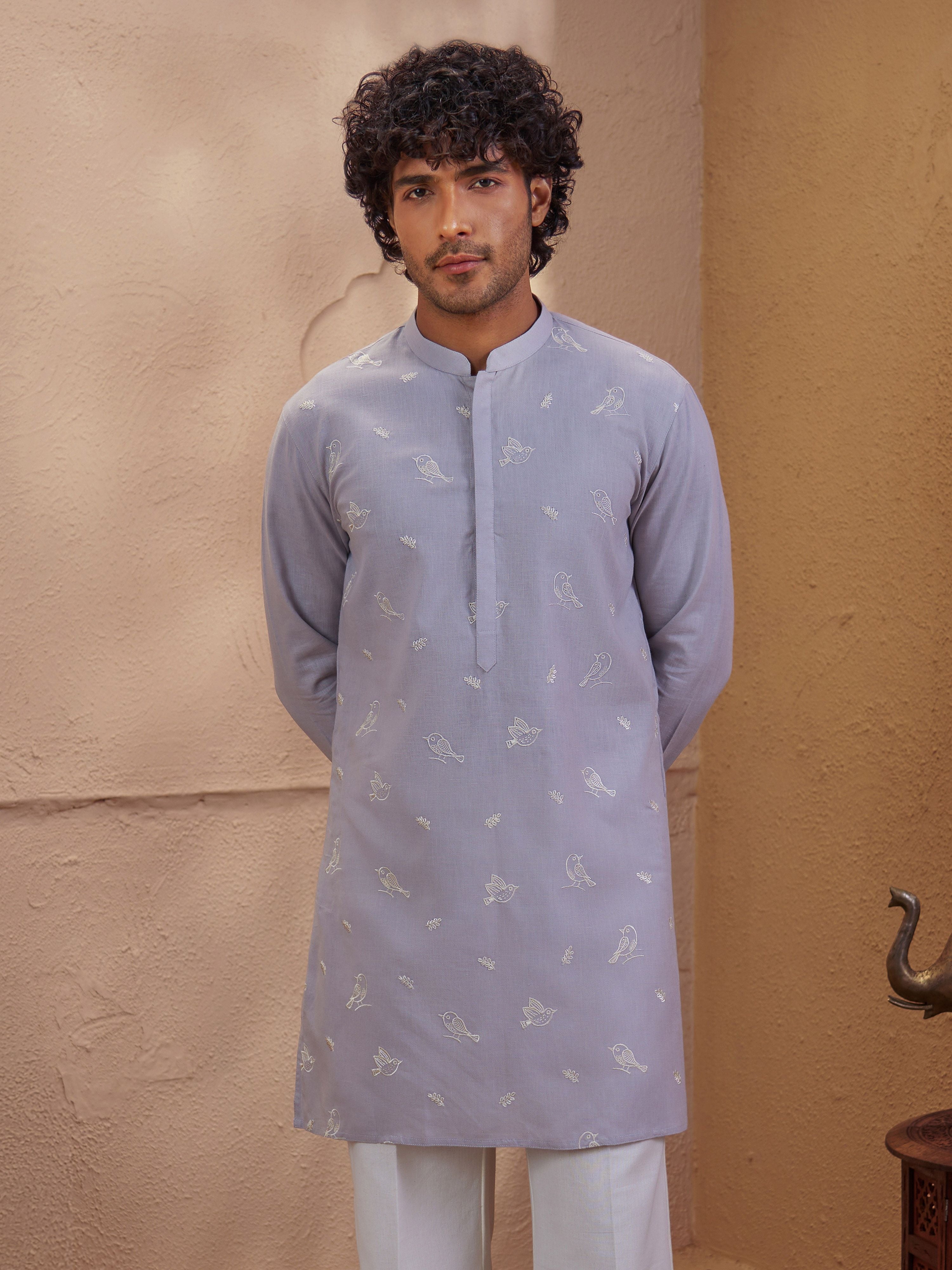 Men's Grey Woven Fabric Embroidered Thigh Length Kurta