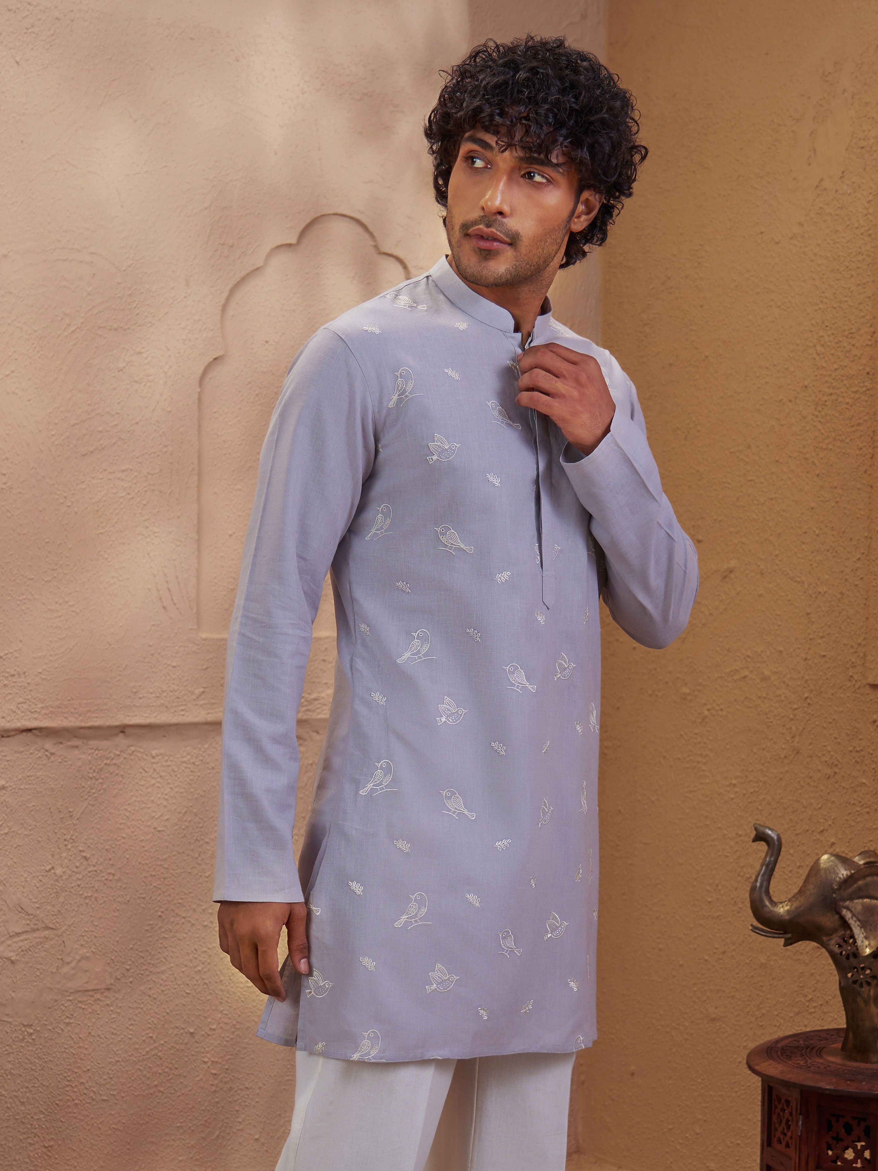 Men's Grey Woven Fabric Embroidered Thigh Length Kurta