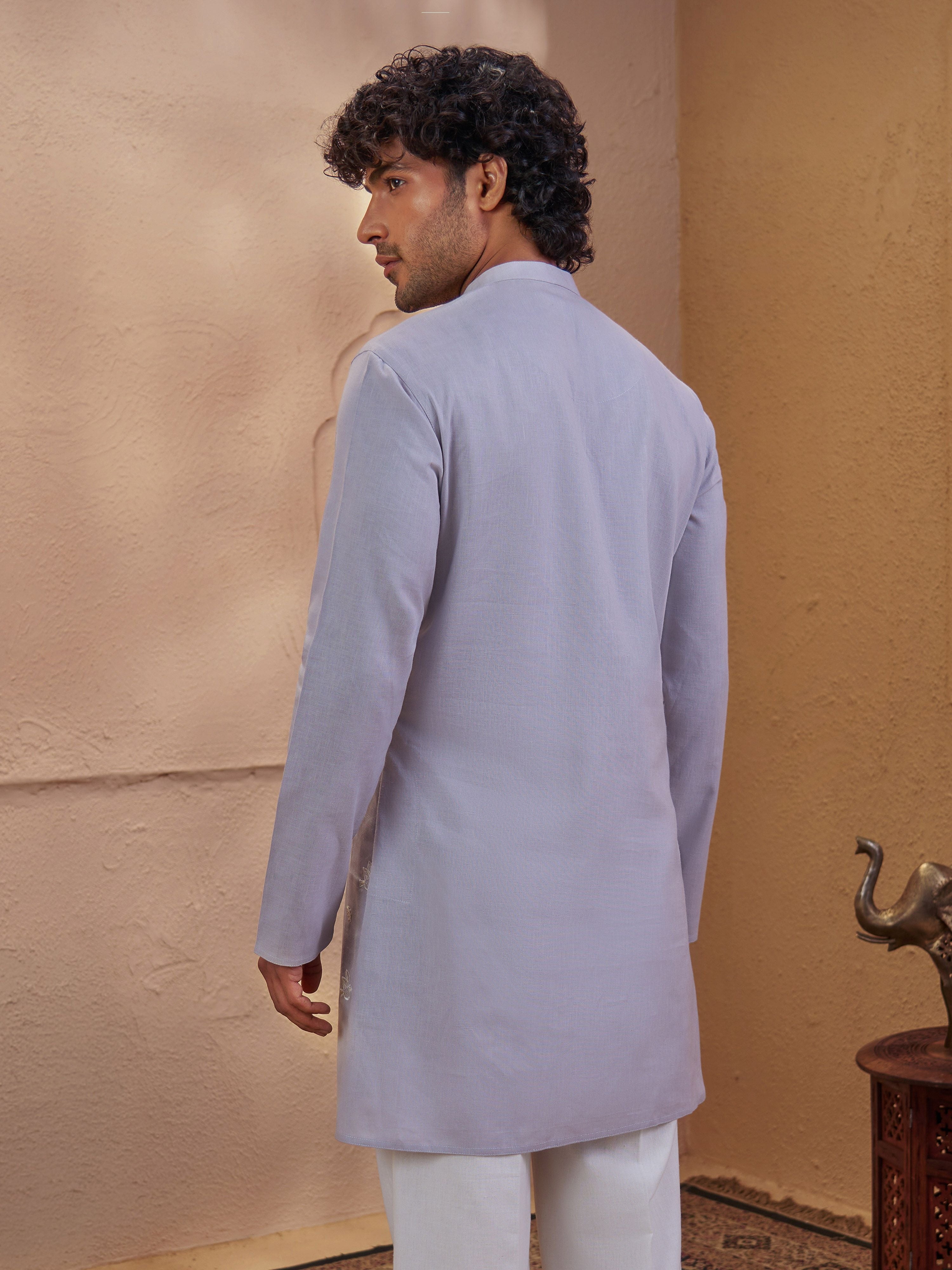 Men's Grey Woven Fabric Embroidered Thigh Length Kurta