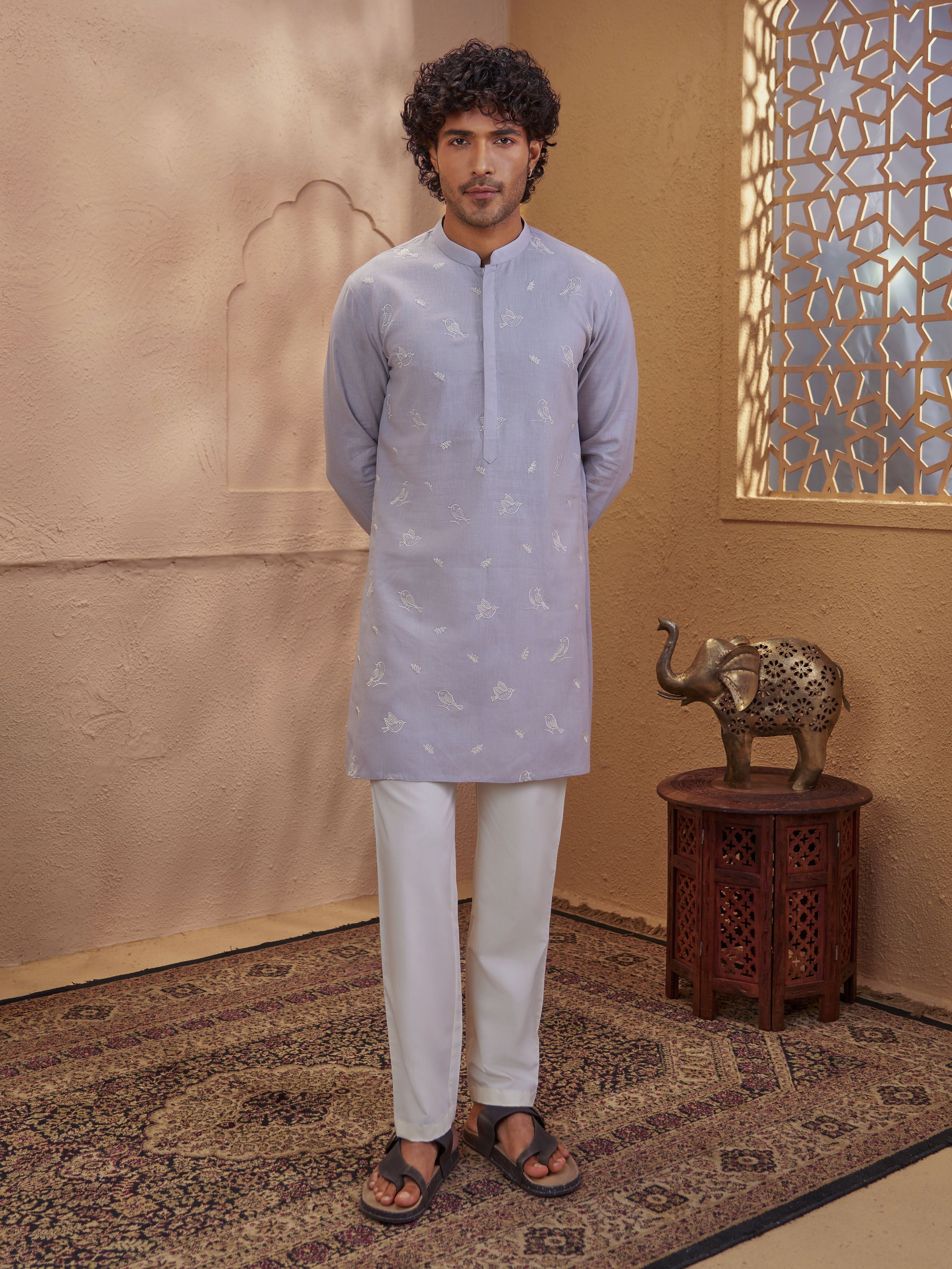 Men's Grey Cotton Embroidered Thigh Length Kurta With Pyjama