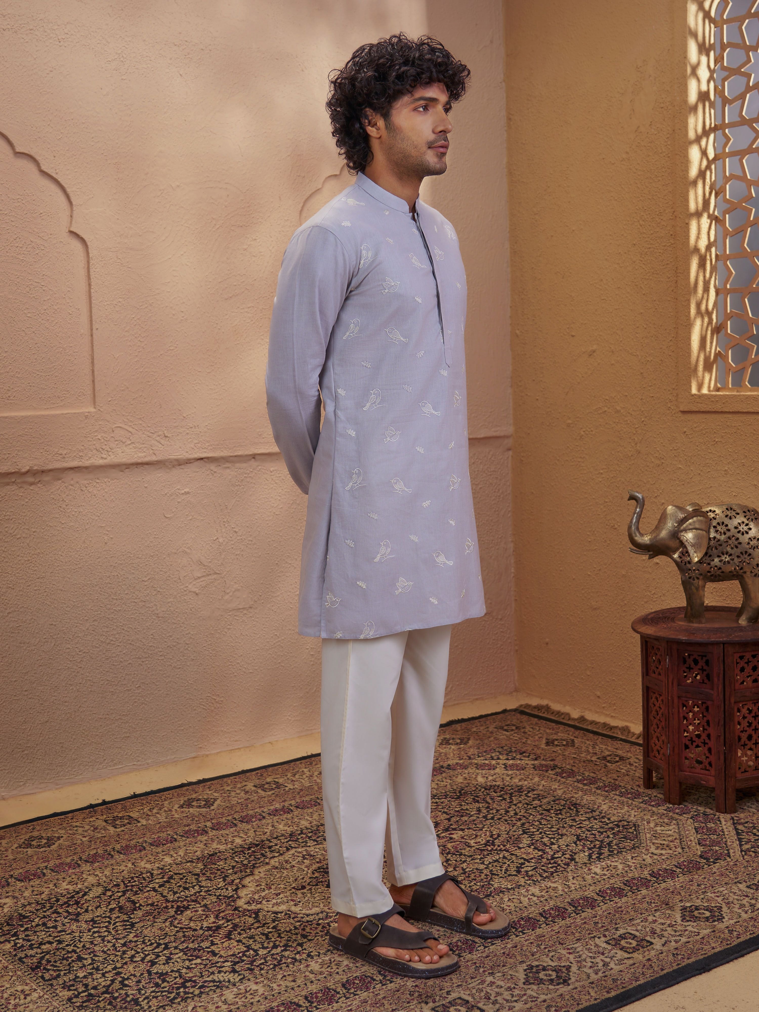 Men's Grey Cotton Embroidered Thigh Length Kurta With Pyjama
