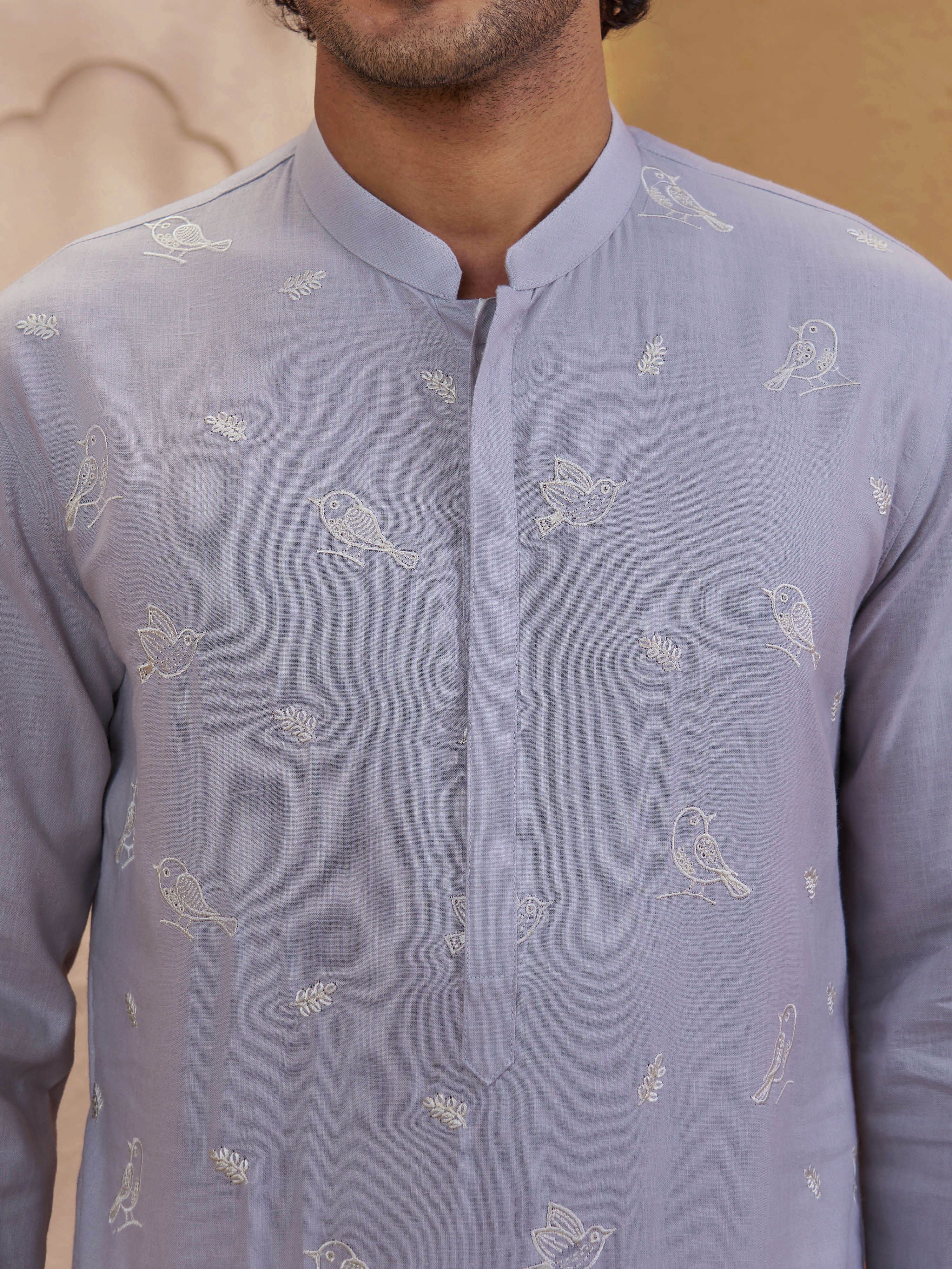 Men's Grey Woven Fabric Embroidered Thigh Length Kurta With Wide Leg Pant