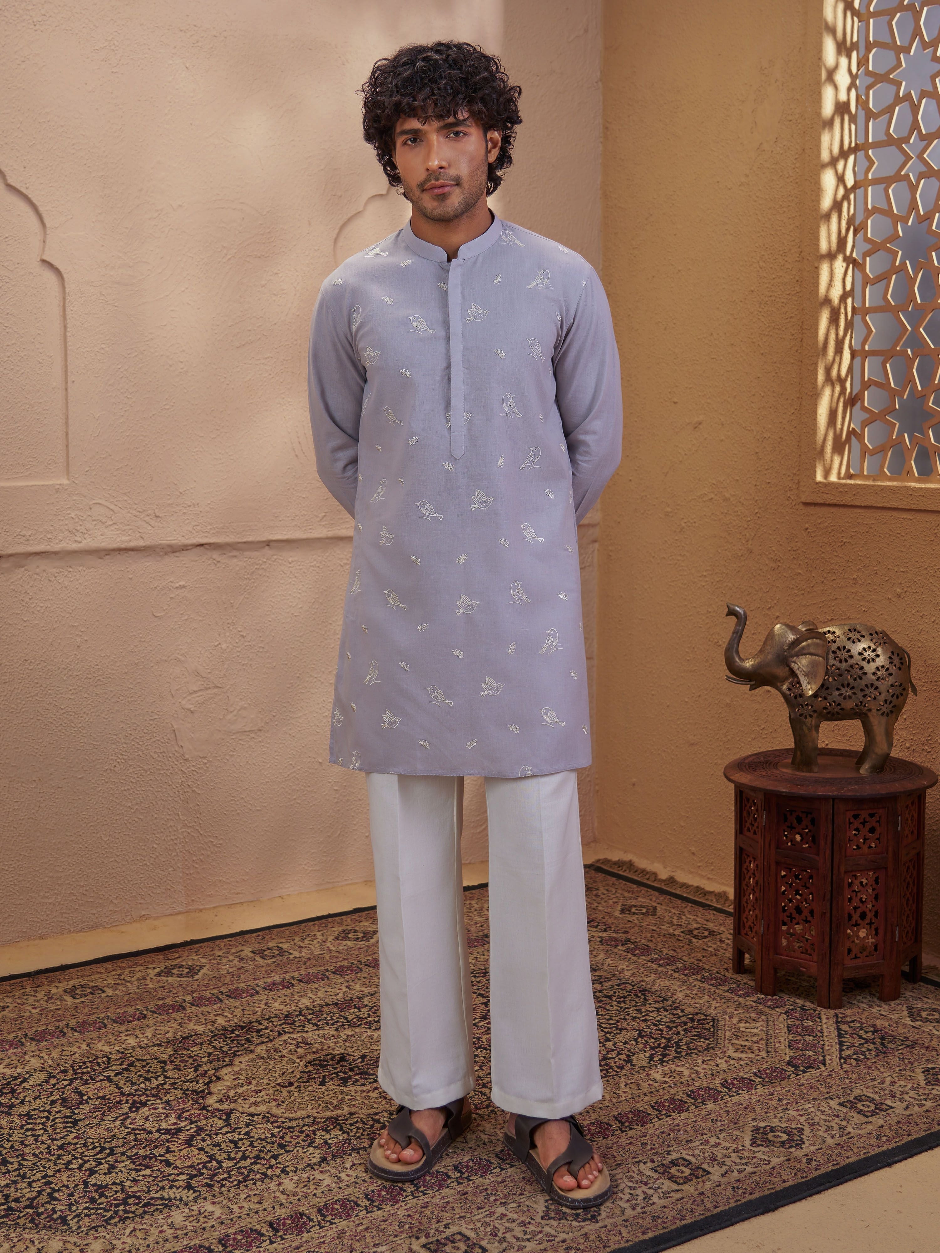 Men's Grey Woven Fabric Embroidered Thigh Length Kurta With Wide Leg Pant