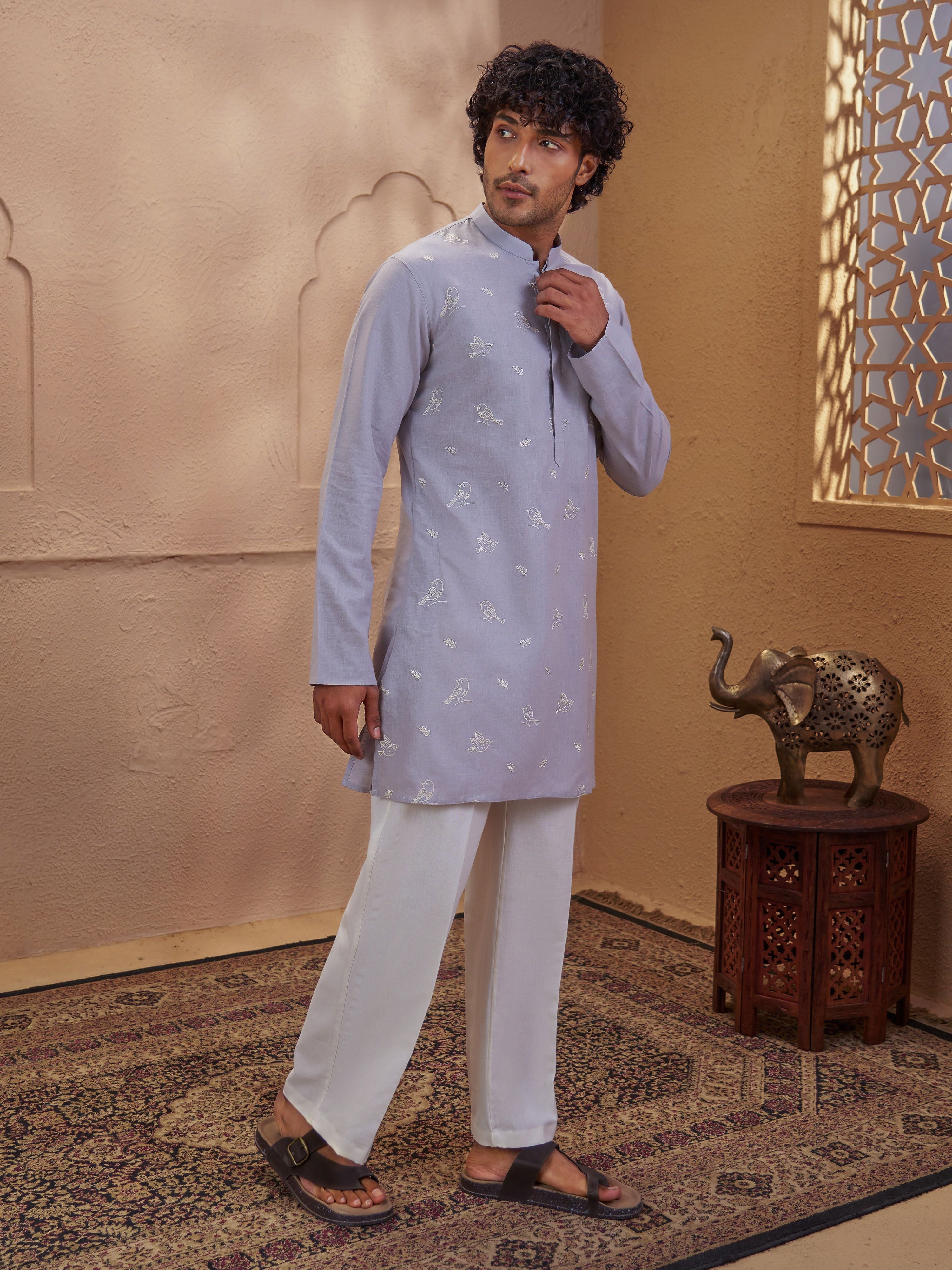 Men's Grey Woven Fabric Embroidered Thigh Length Kurta With Wide Leg Pant
