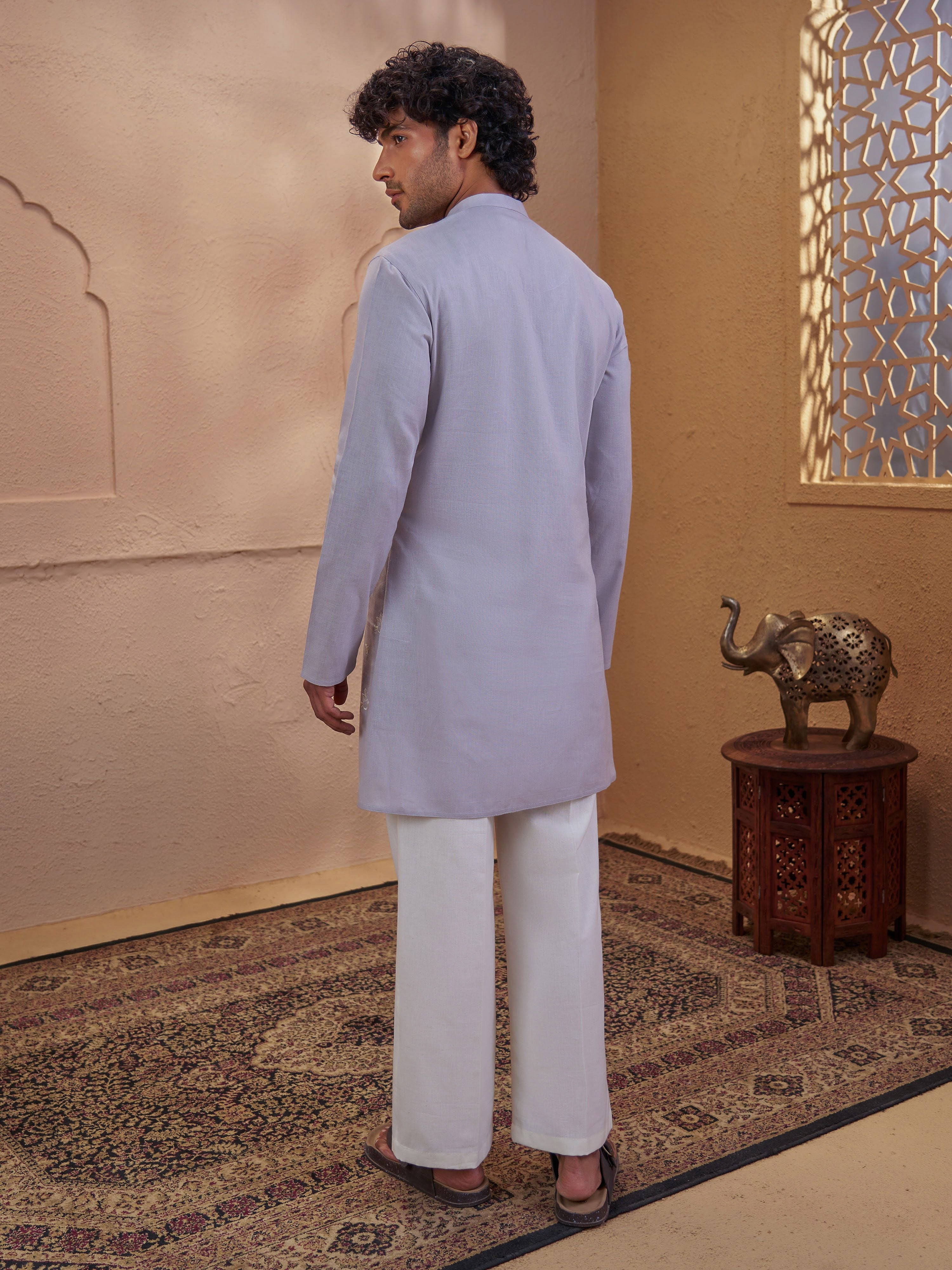 Men's Grey Woven Fabric Embroidered Thigh Length Kurta With Wide Leg Pant