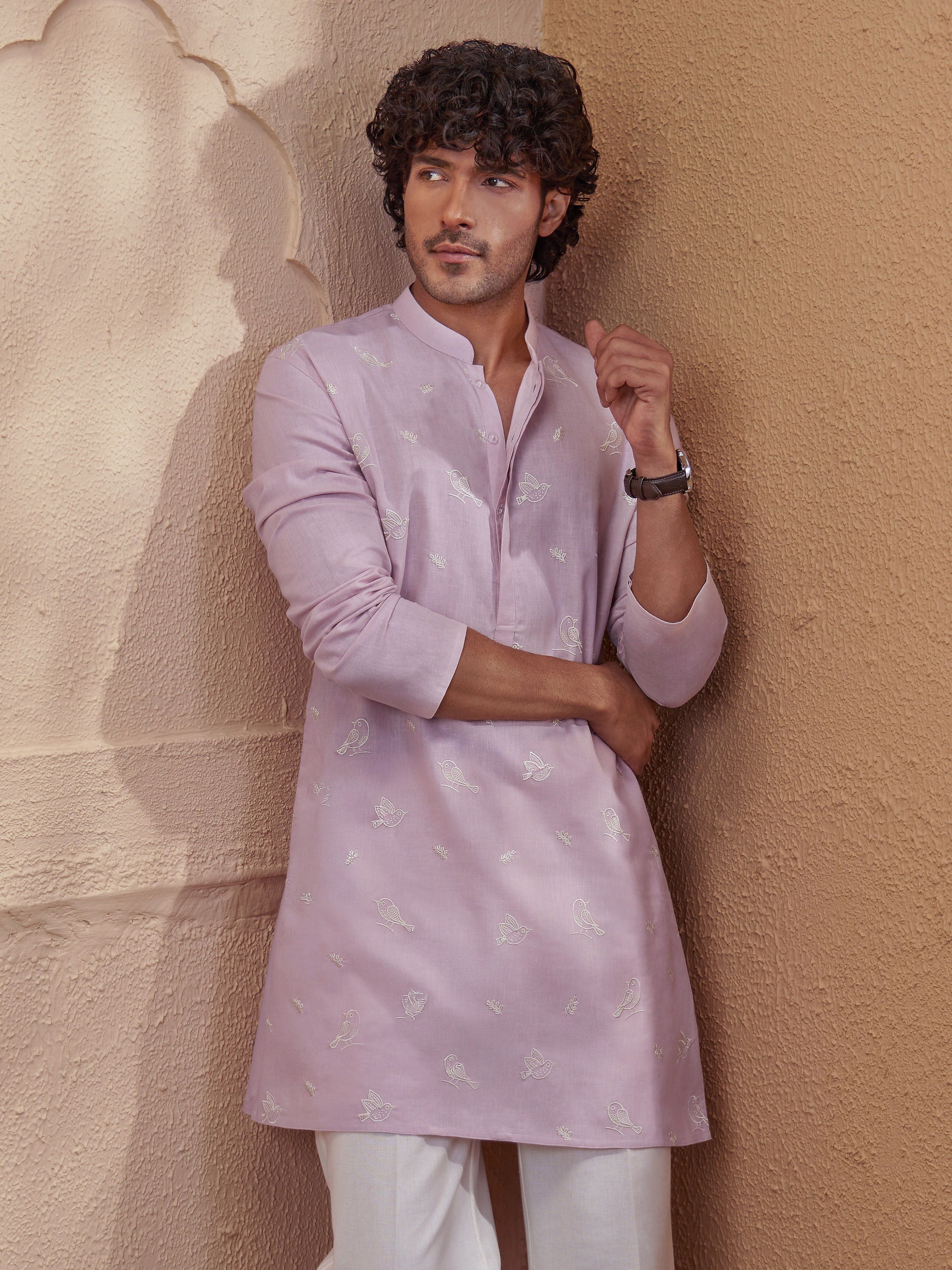 Men Onion Pink Embroidered Kurta with Mandarin Collar