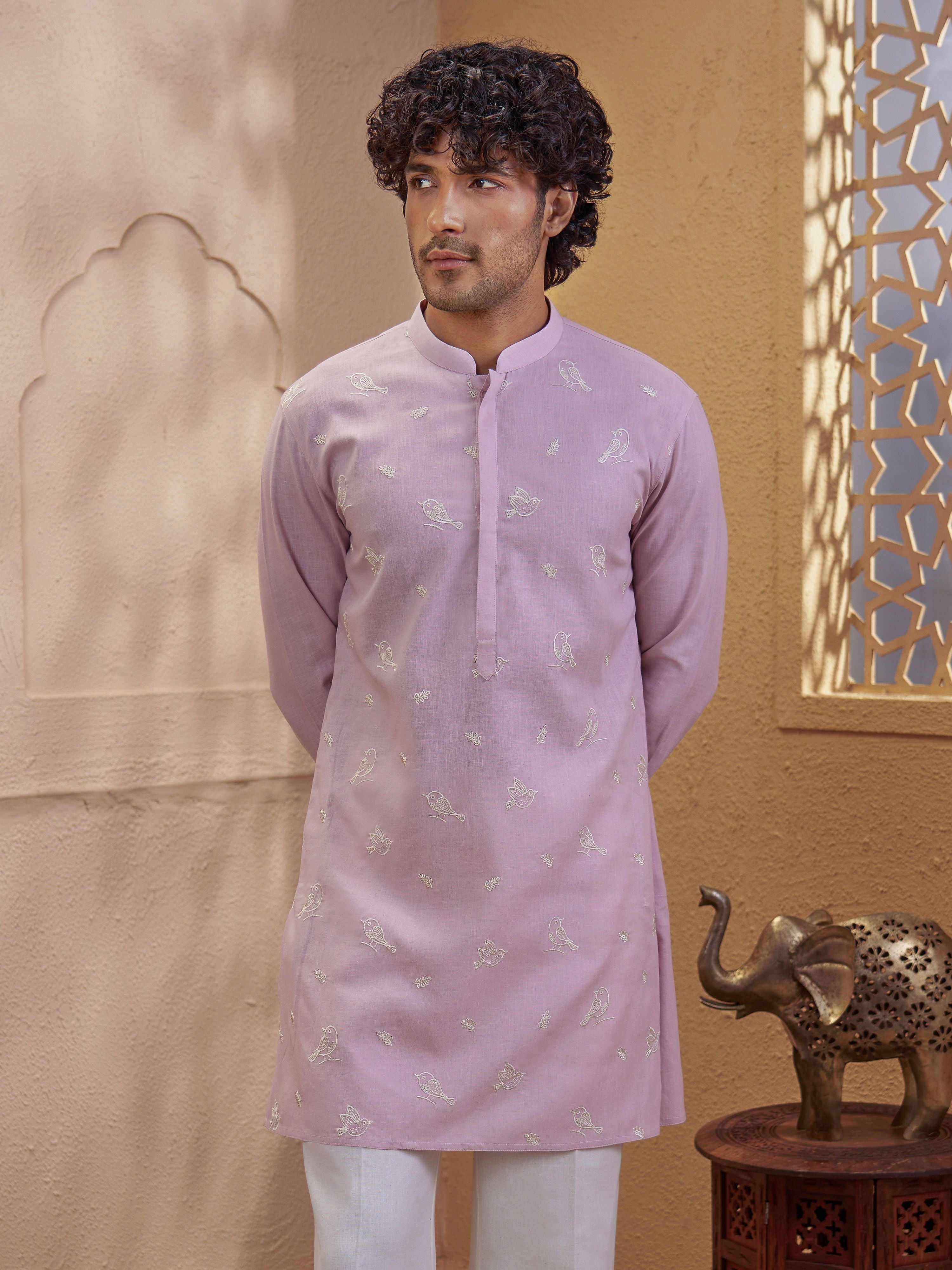 Men's Light Pink Woven Fabric Embroidered Thigh Length Kurta