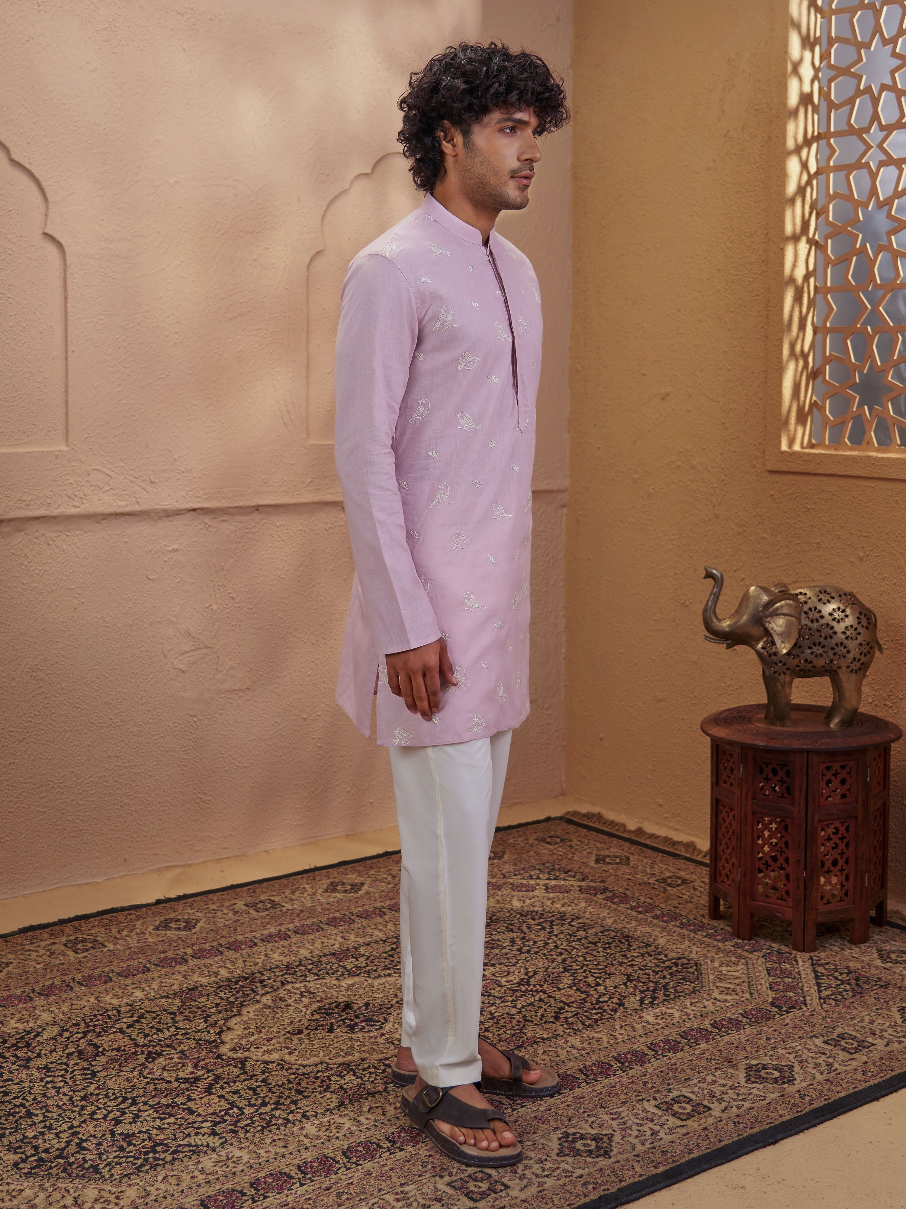 Men's Light Pink Cotton Embroidered Thigh Length Kurta With Pyjama