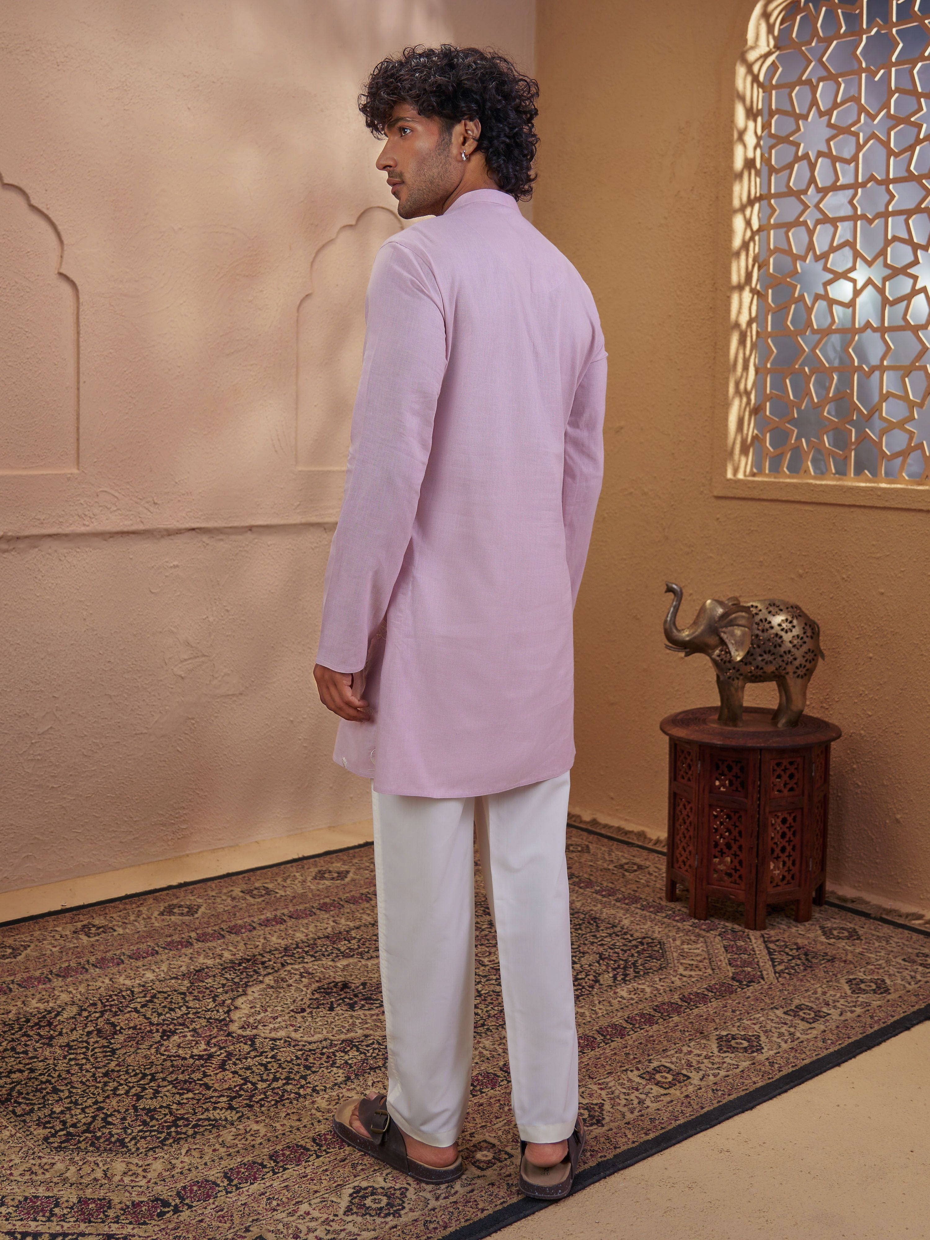 Men's Light Pink Cotton Embroidered Thigh Length Kurta With Pyjama