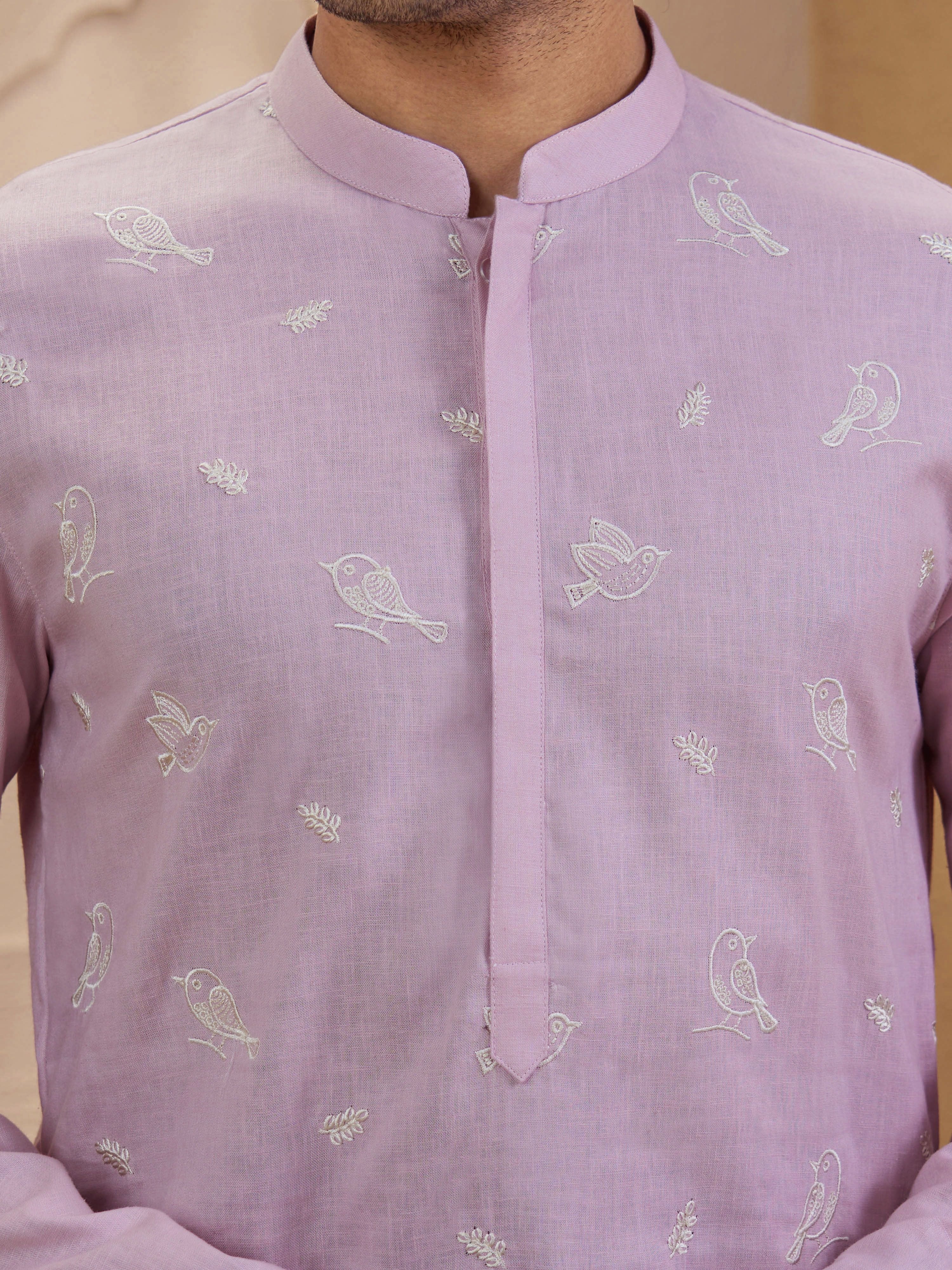 Men's Pink Synthetic Embroidered Thigh Length Kurta With Wide Leg Pant