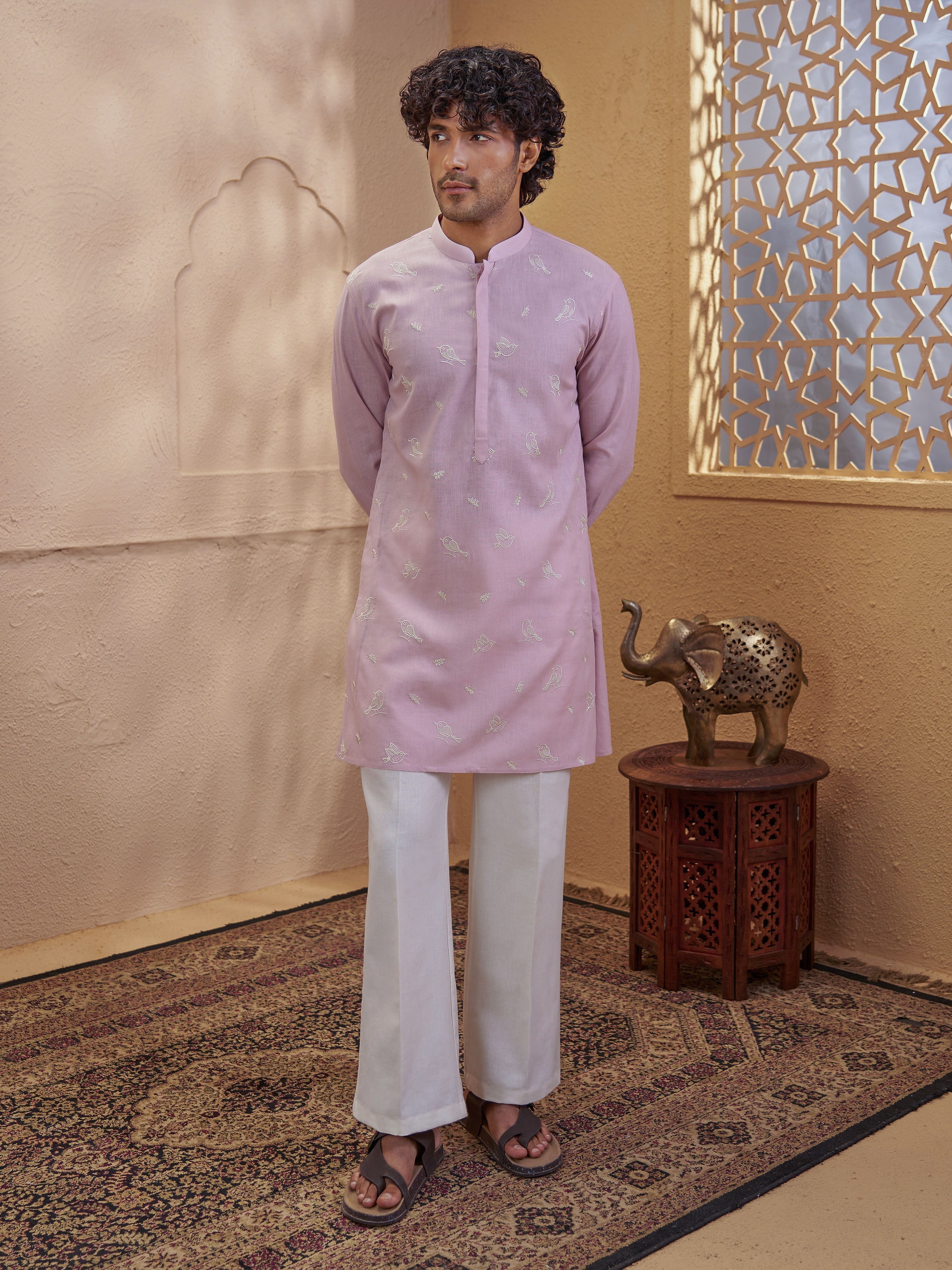 Men's Pink Synthetic Embroidered Thigh Length Kurta With Wide Leg Pant