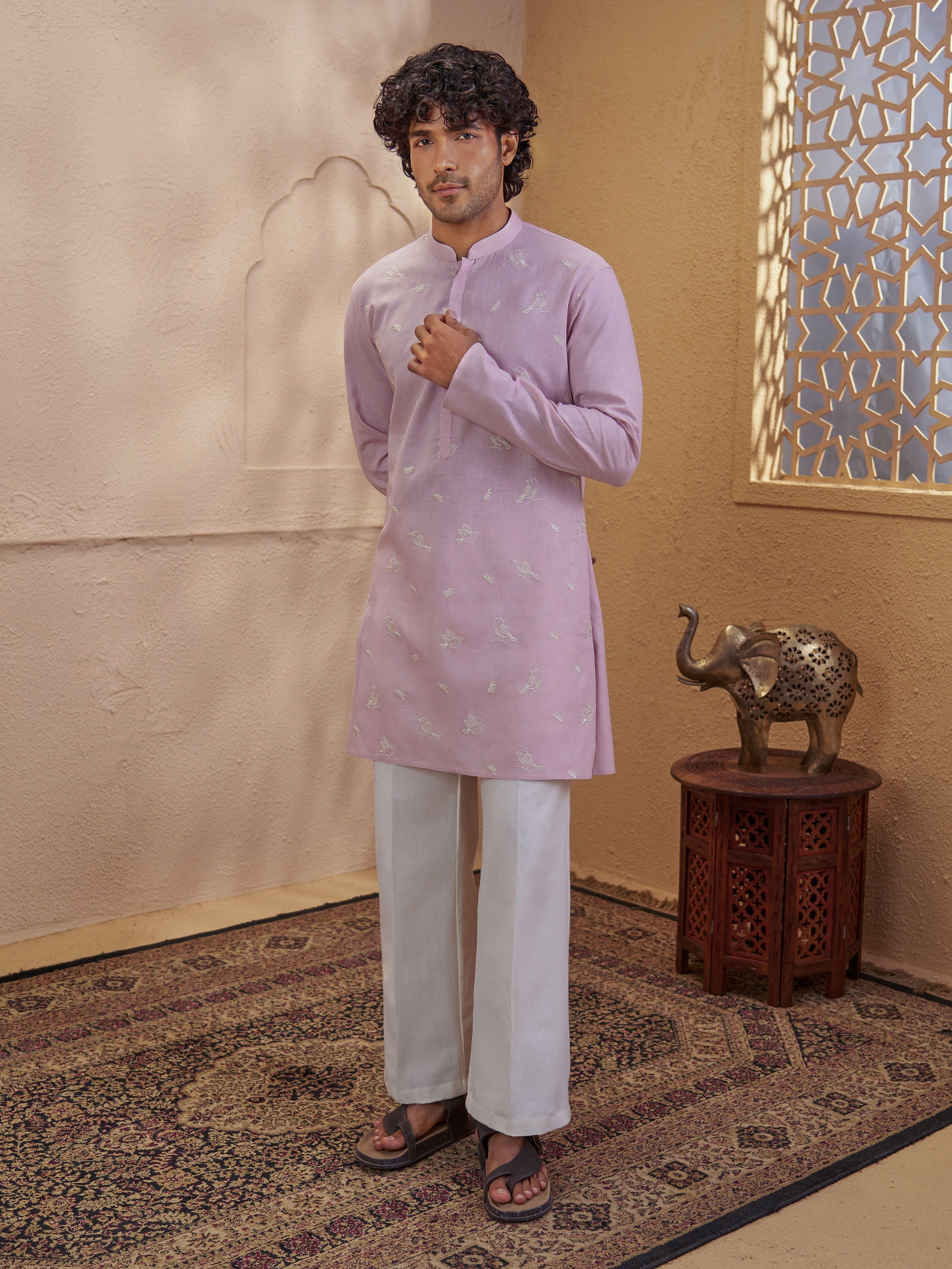 Men's Pink Synthetic Embroidered Thigh Length Kurta With Wide Leg Pant