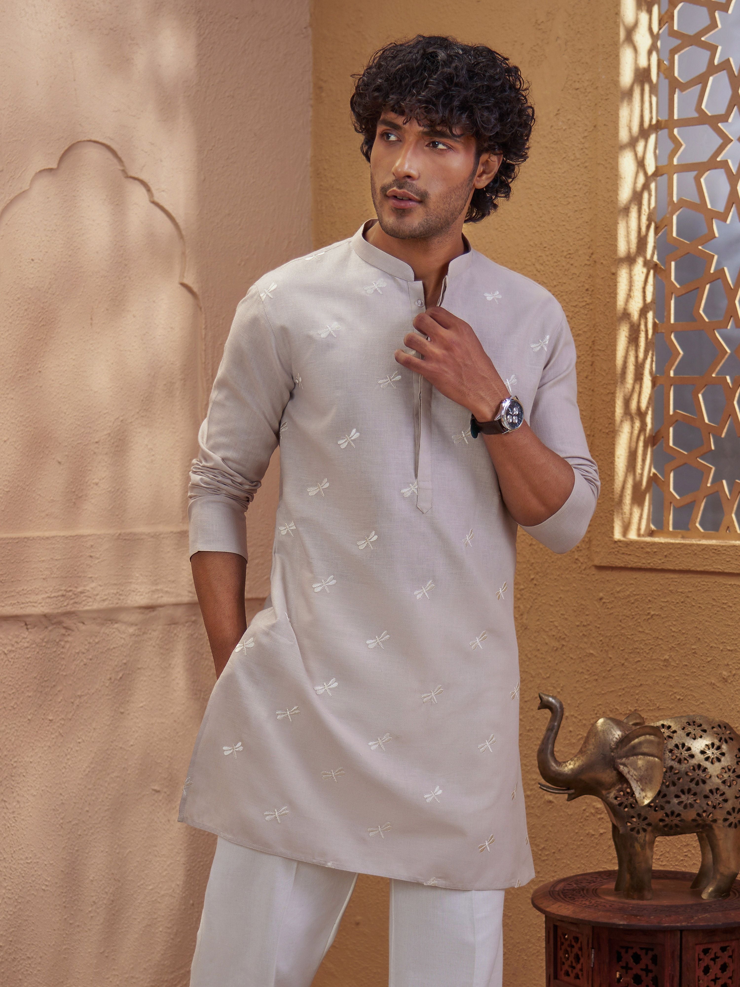 Men Chiku Embroidered Straight Kurta with Mandarin Collar