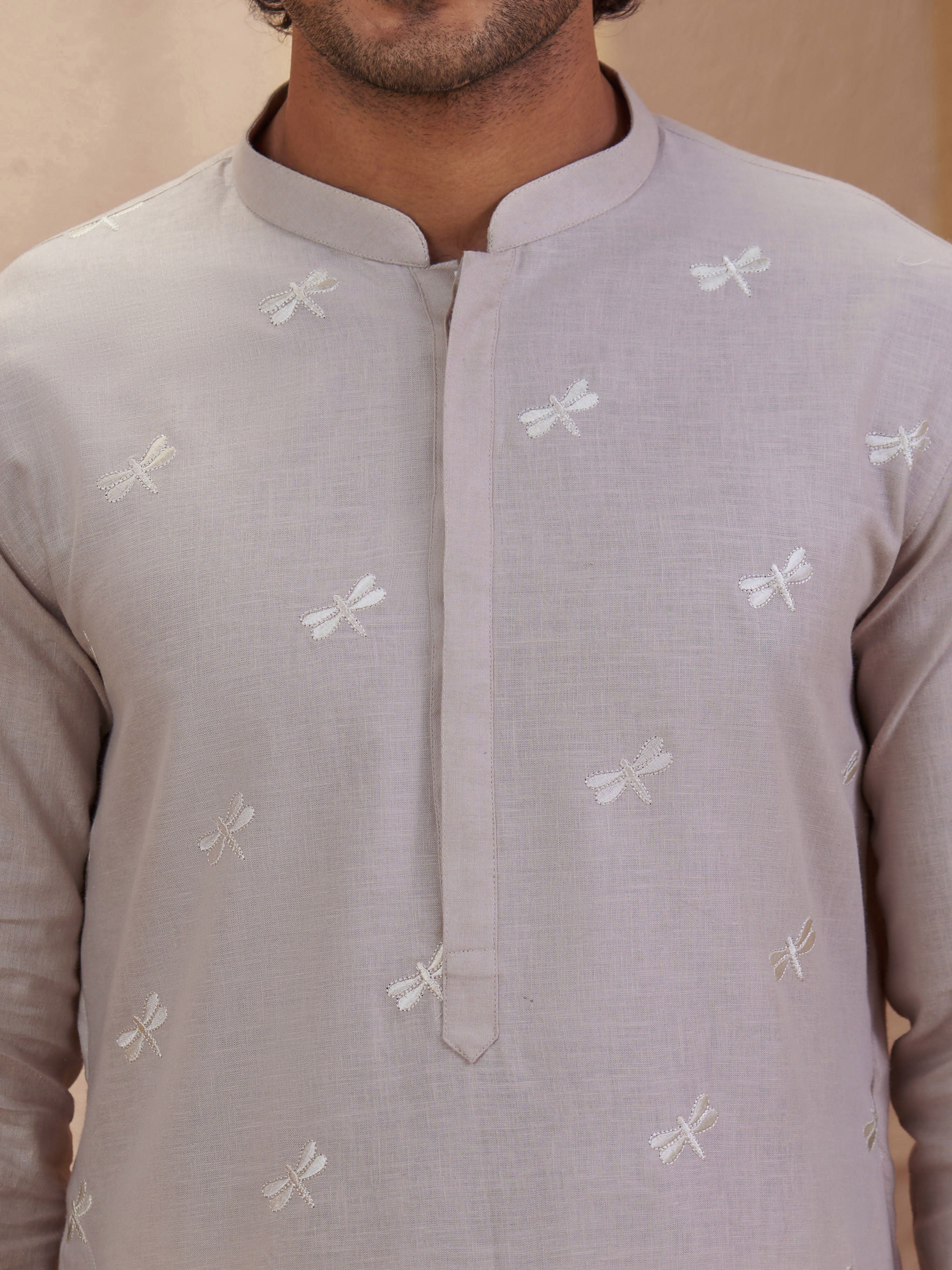 Men's Beige Woven Fabric Embroidered Thigh Length Kurta