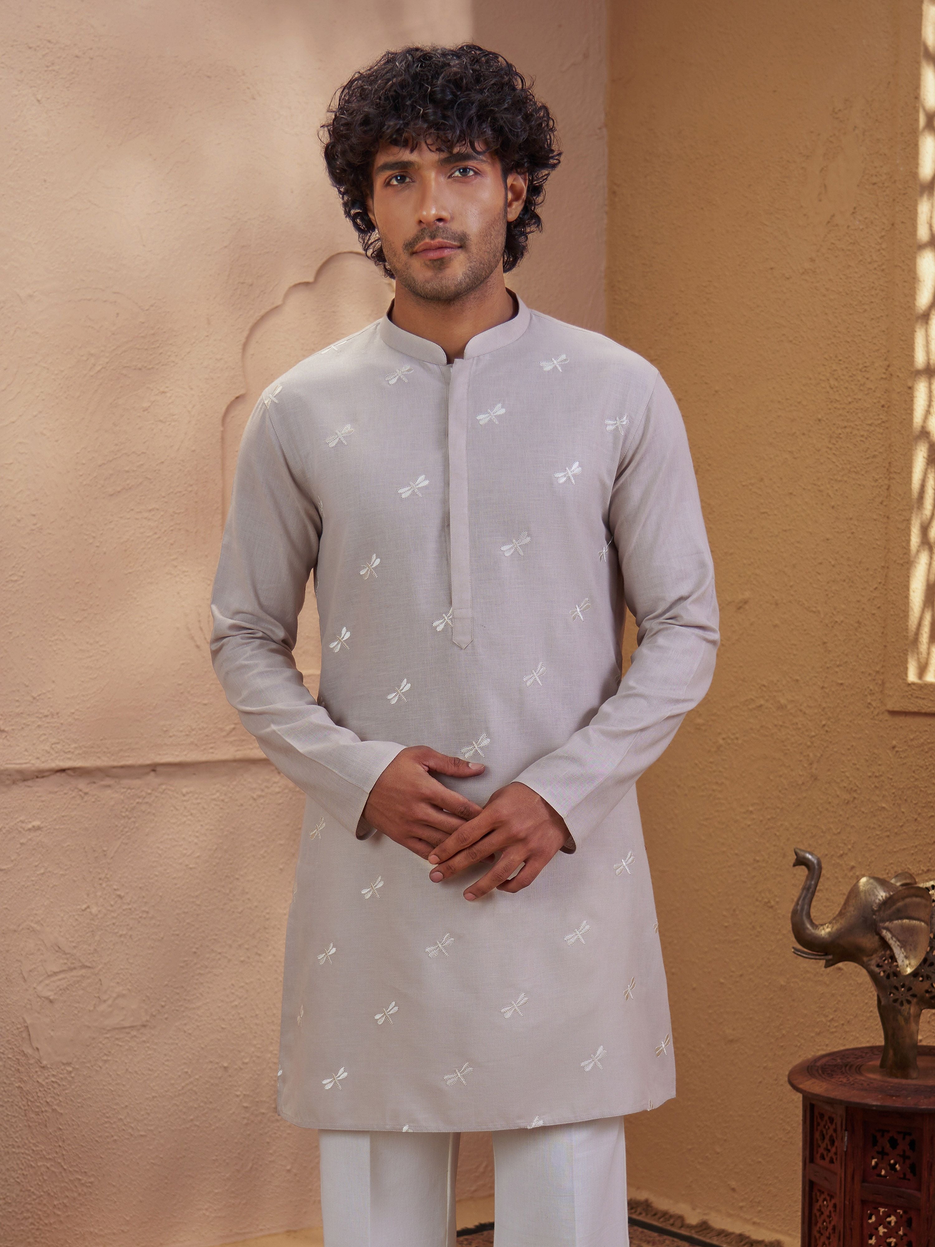 Men's Beige Woven Fabric Embroidered Thigh Length Kurta