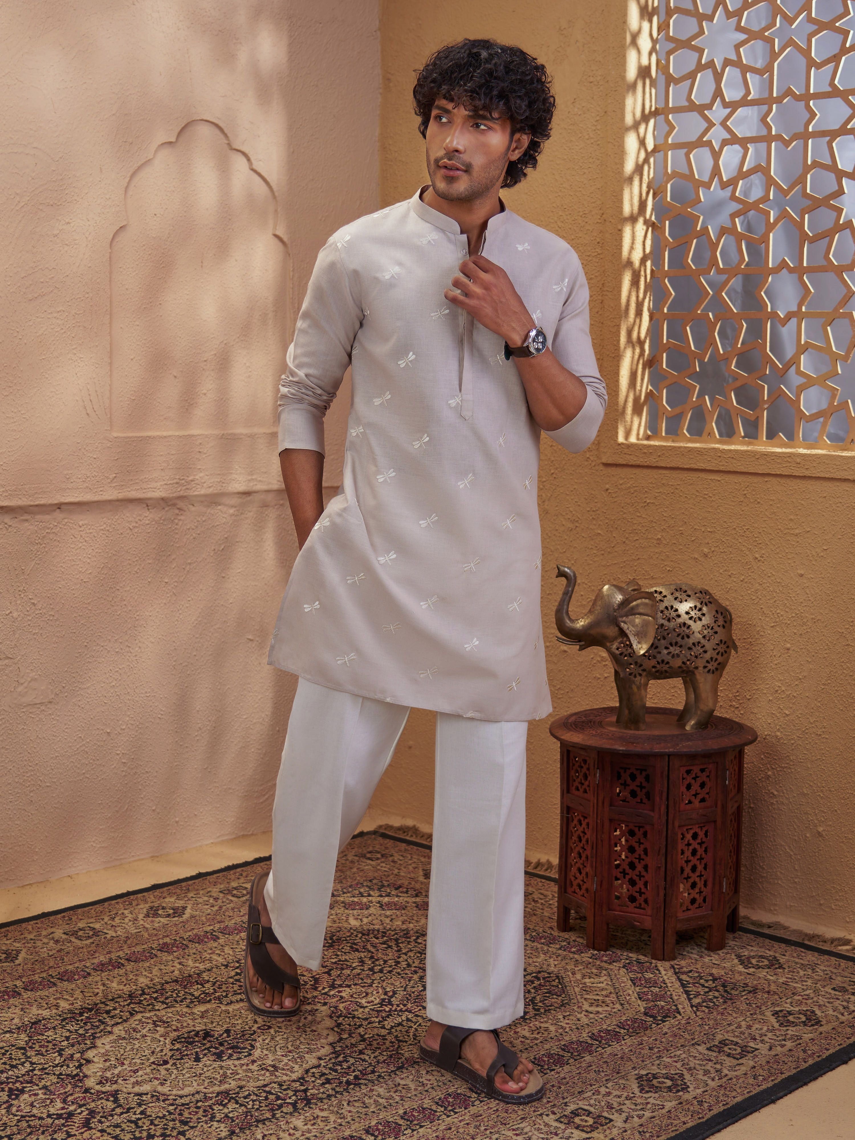 Men's Beige Woven Fabric Embroidered Thigh Length Kurta