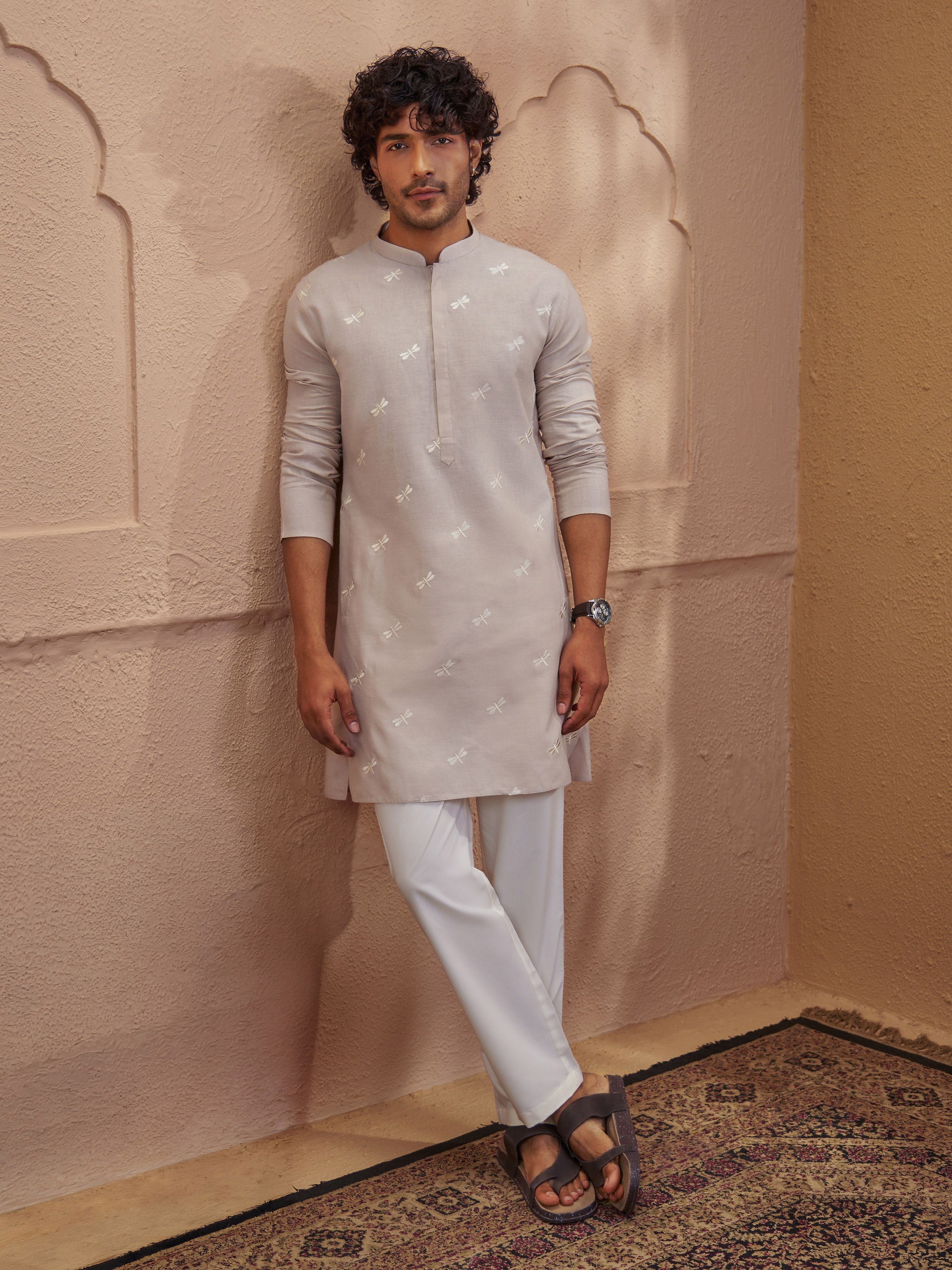 Men Chiku Cotton Embroidered Kurta Pyjama Set