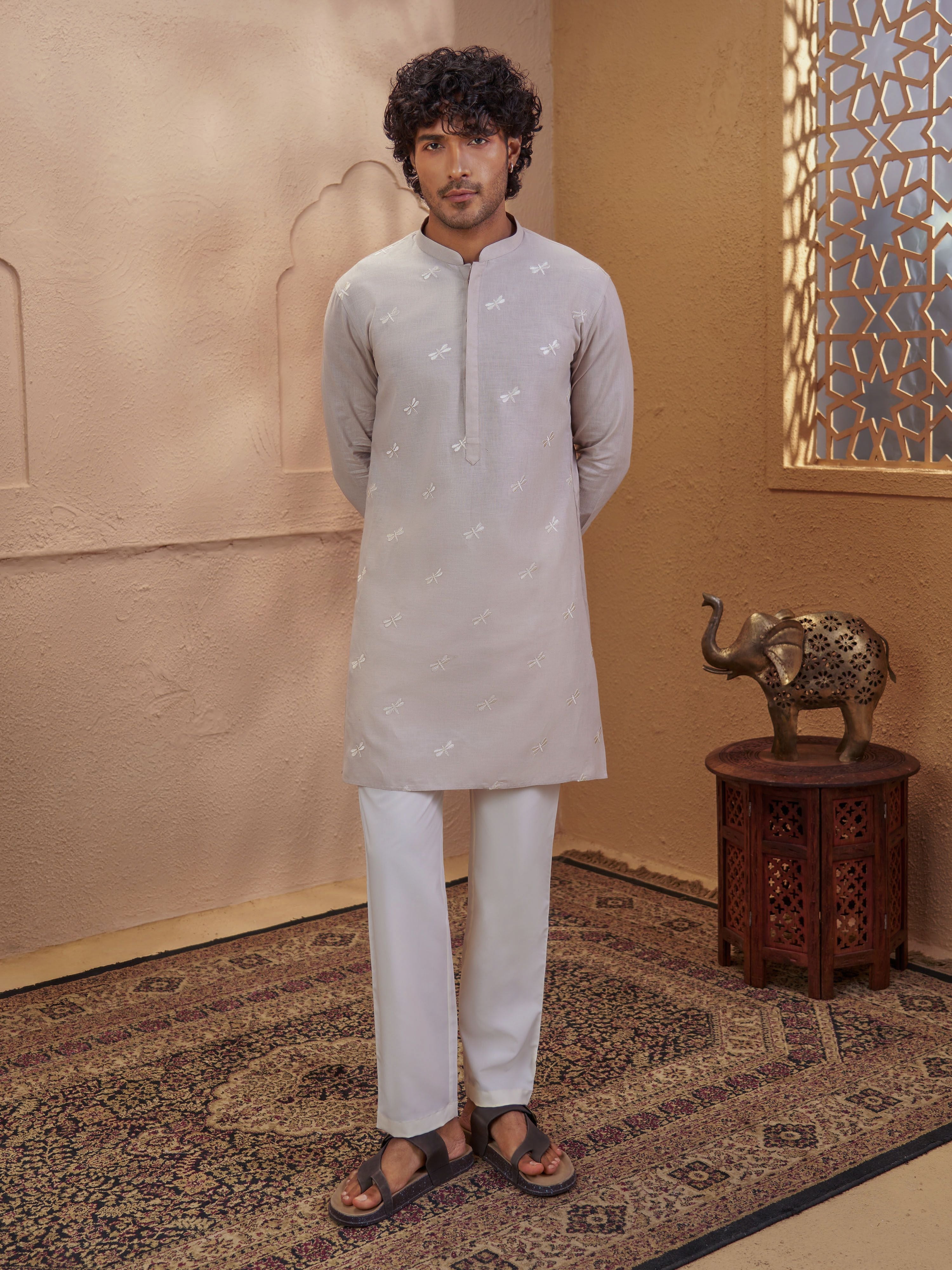 Men's Beige Cotton Embroidered Thigh Length Kurta With Pyjama