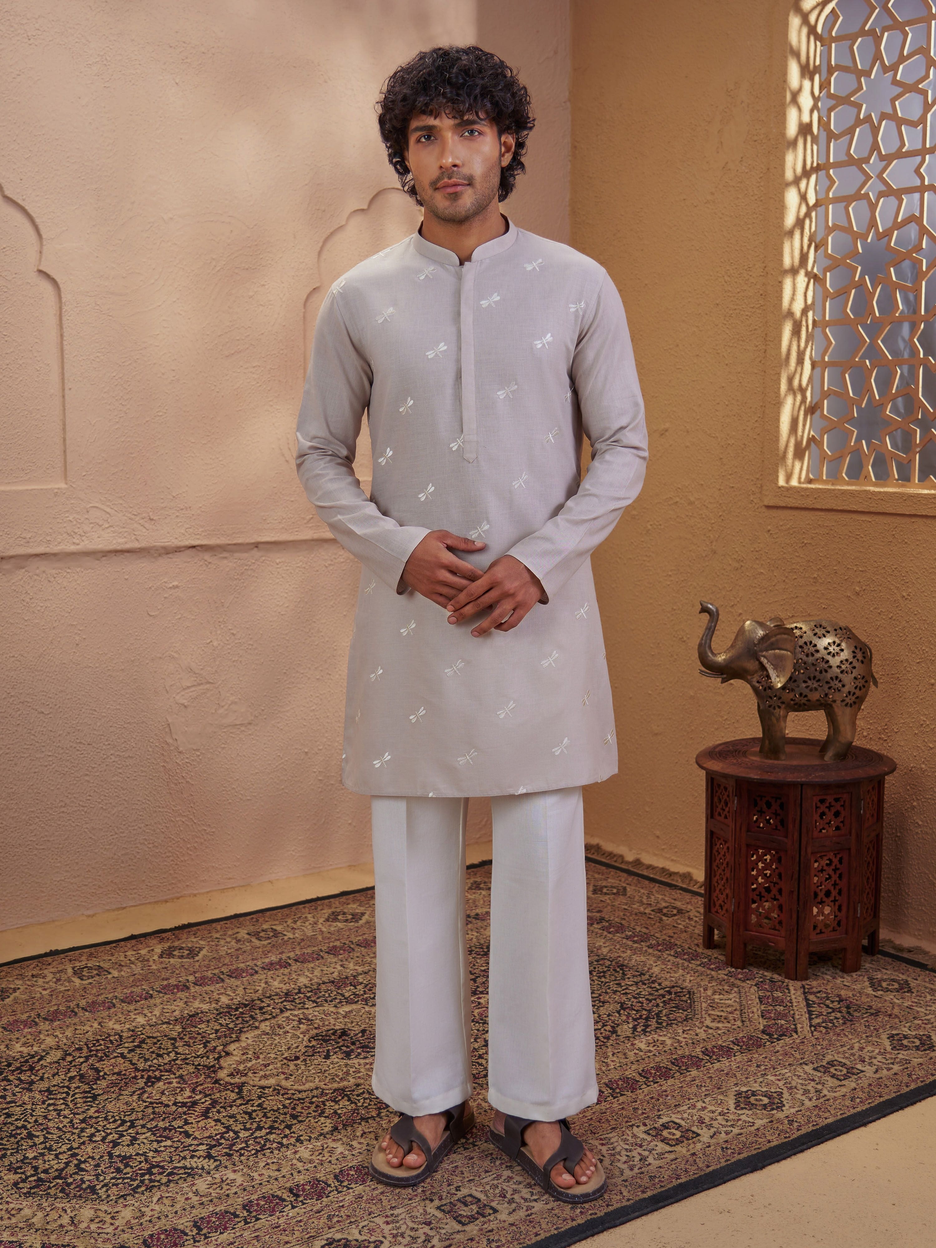 Men's Beige Woven Fabric Embroidered Thigh Length Kurta With Wide Leg Pant