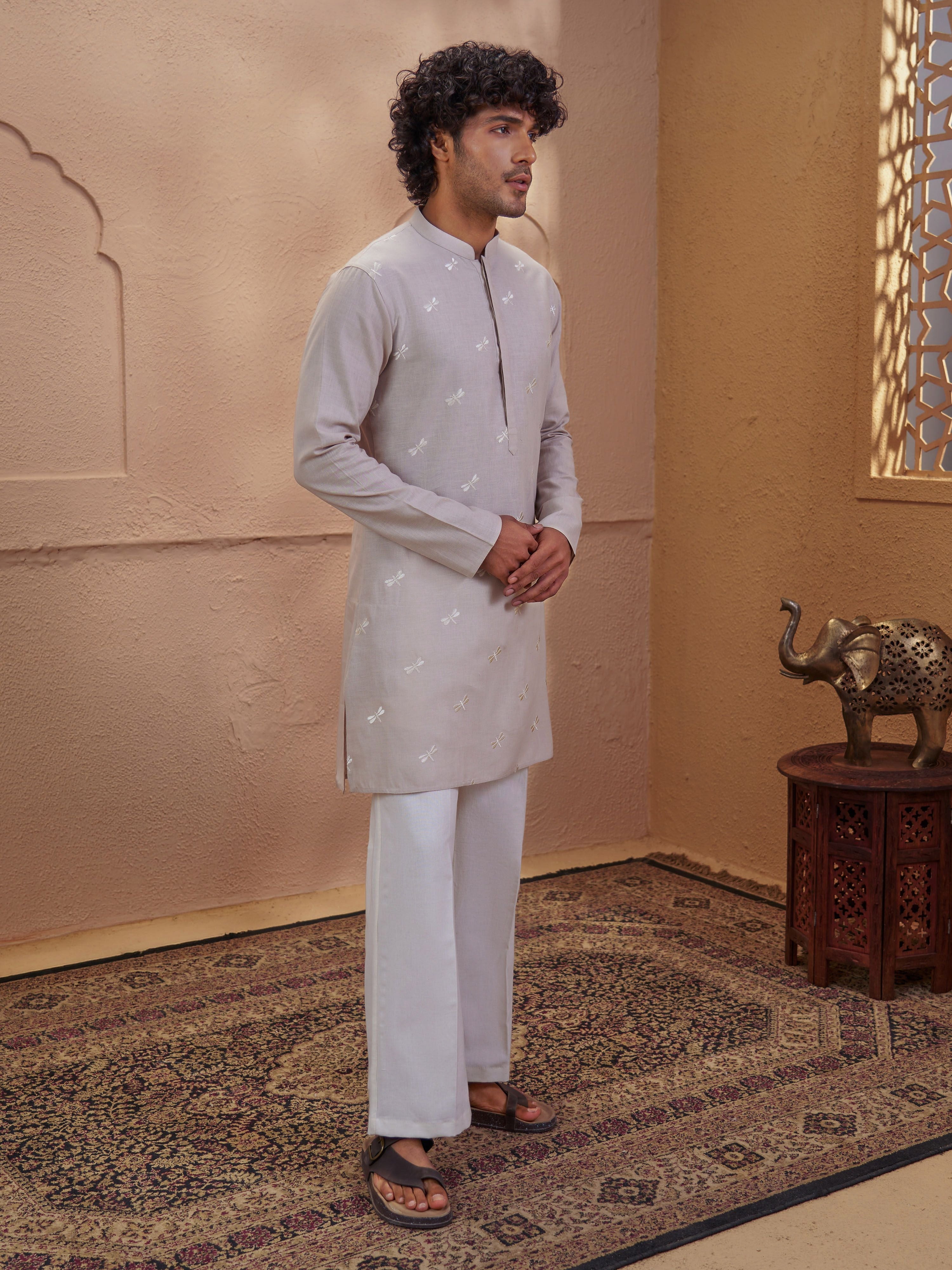 Men's Beige Woven Fabric Embroidered Thigh Length Kurta With Wide Leg Pant