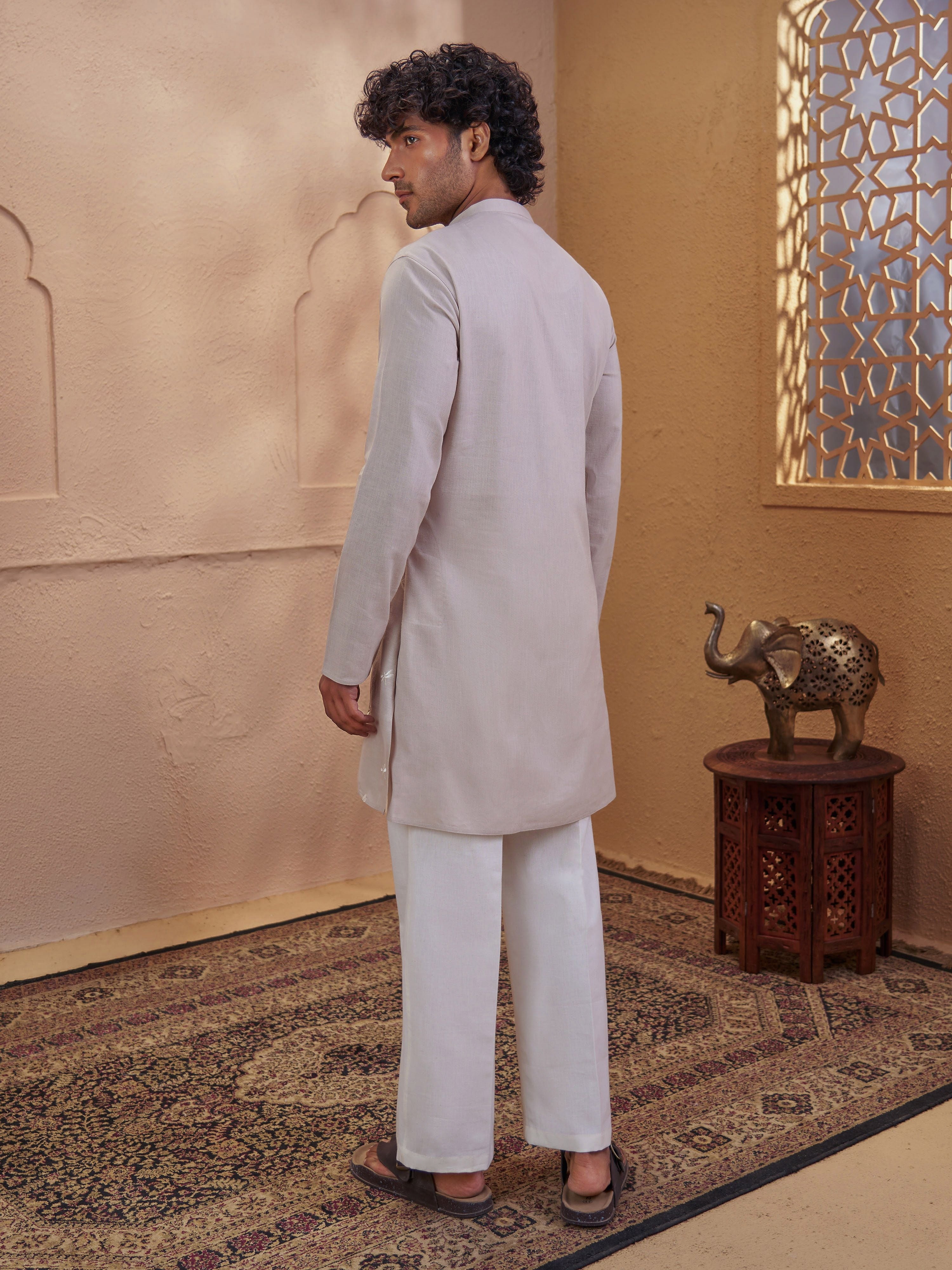 Men's Beige Woven Fabric Embroidered Thigh Length Kurta With Wide Leg Pant