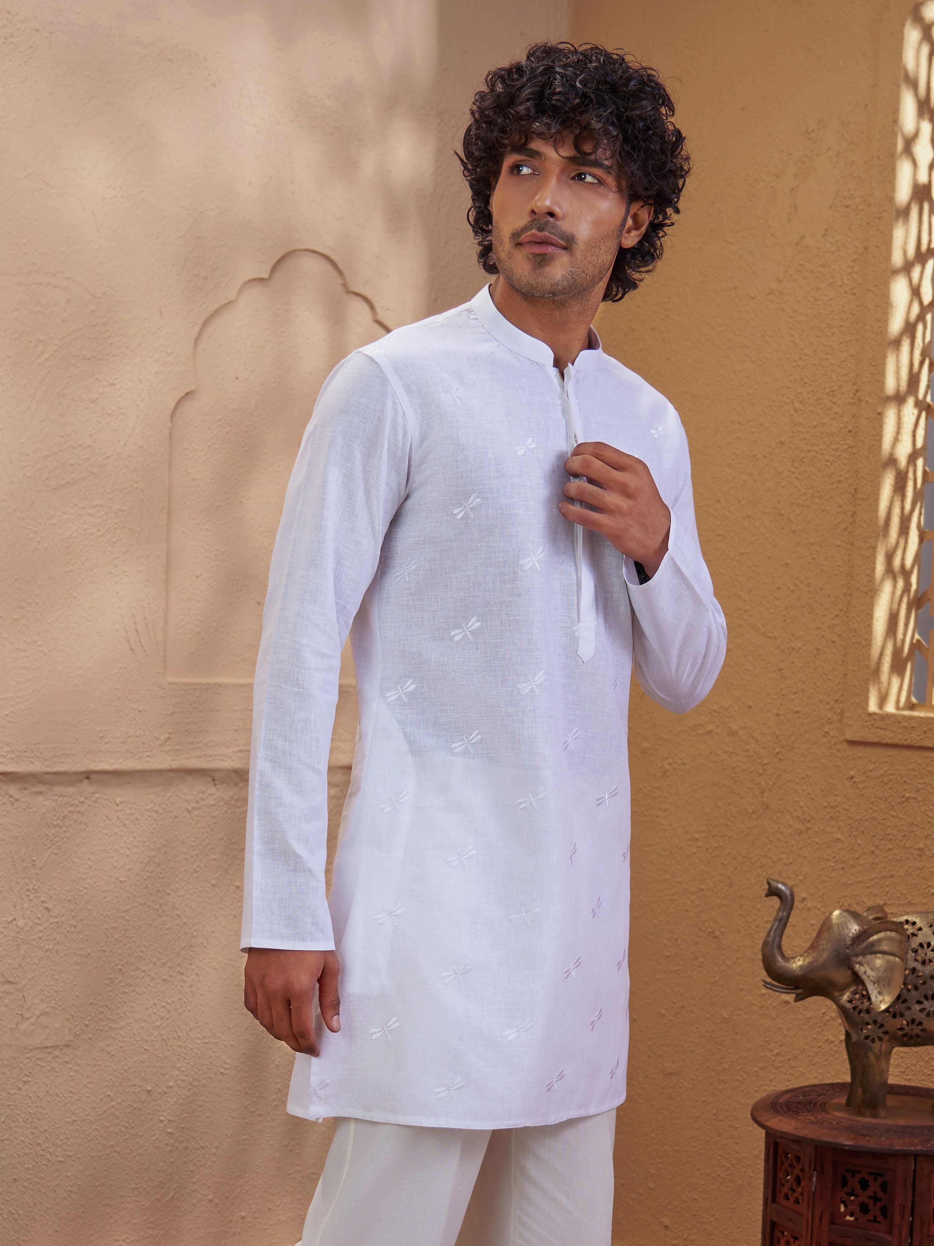 Men's White Woven Fabric Embroidered Thigh Length Kurta