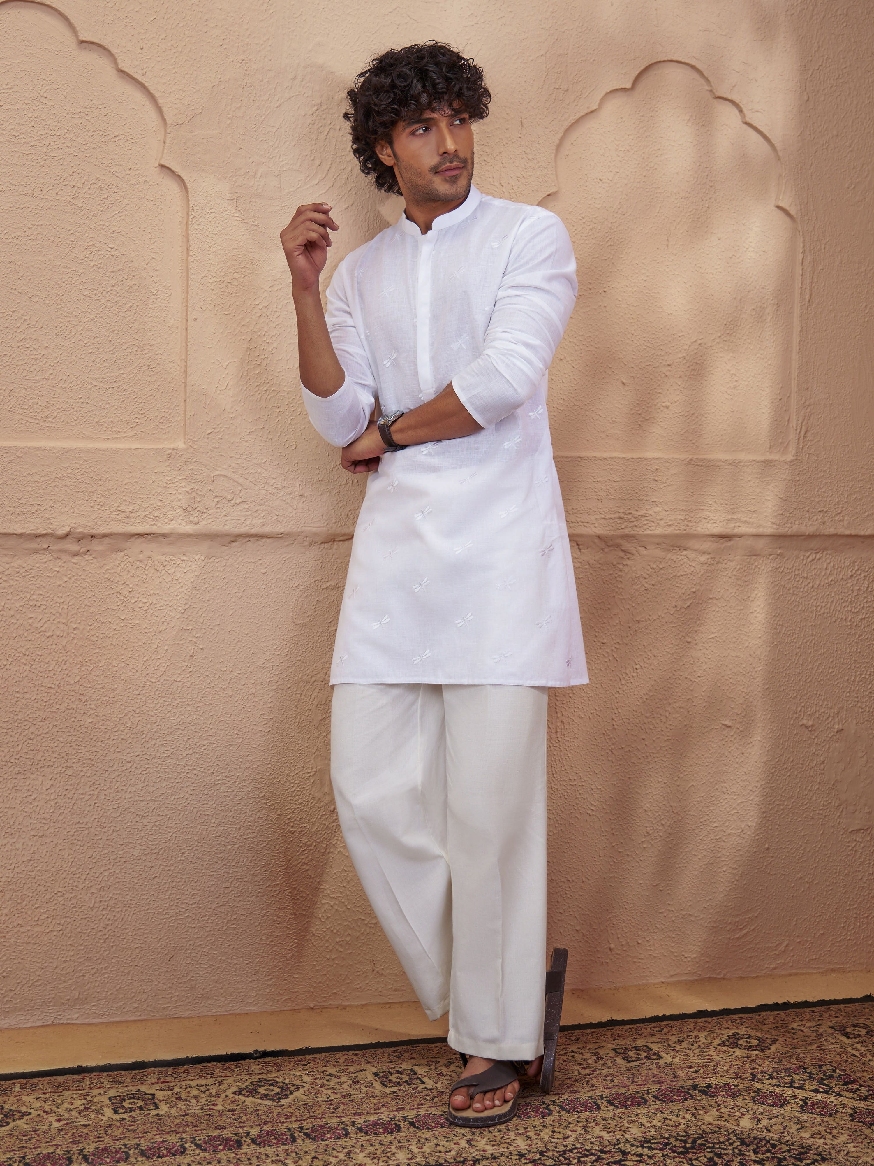 Men's White Woven Fabric Embroidered Thigh Length Kurta