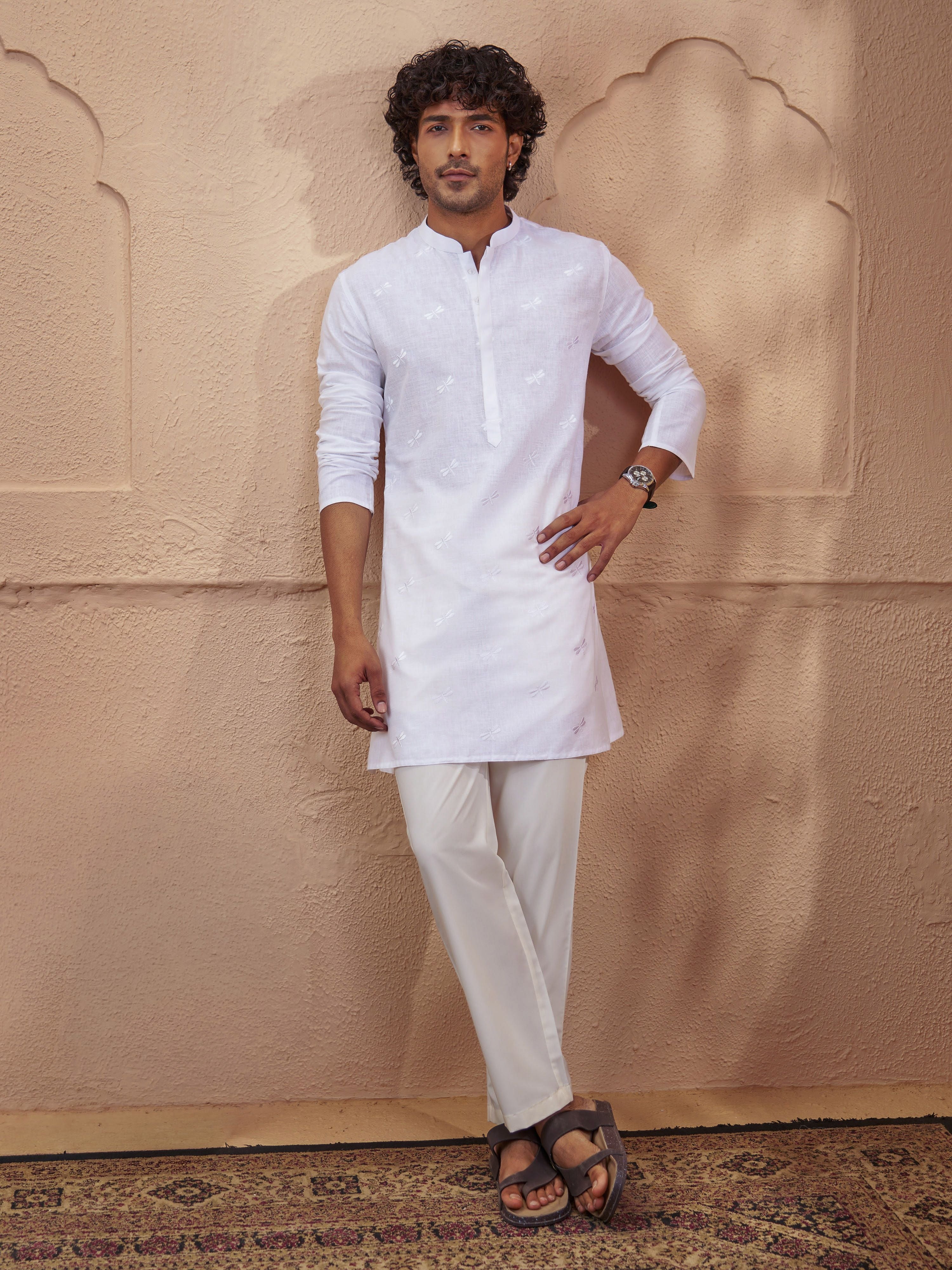 Men White Cotton Embroidered Kurta Pyjama Set