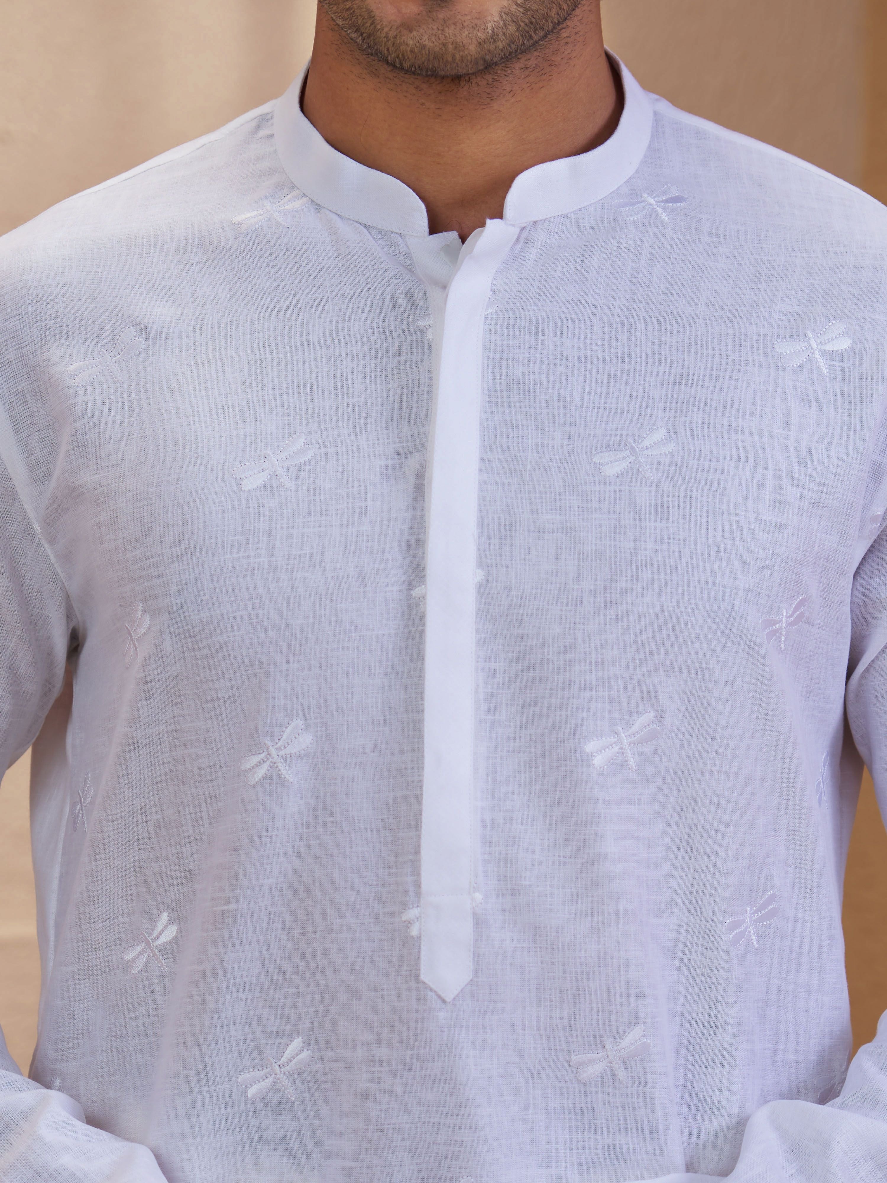 Men's White Cotton Embroidered Thigh Length Kurta With Pyjama