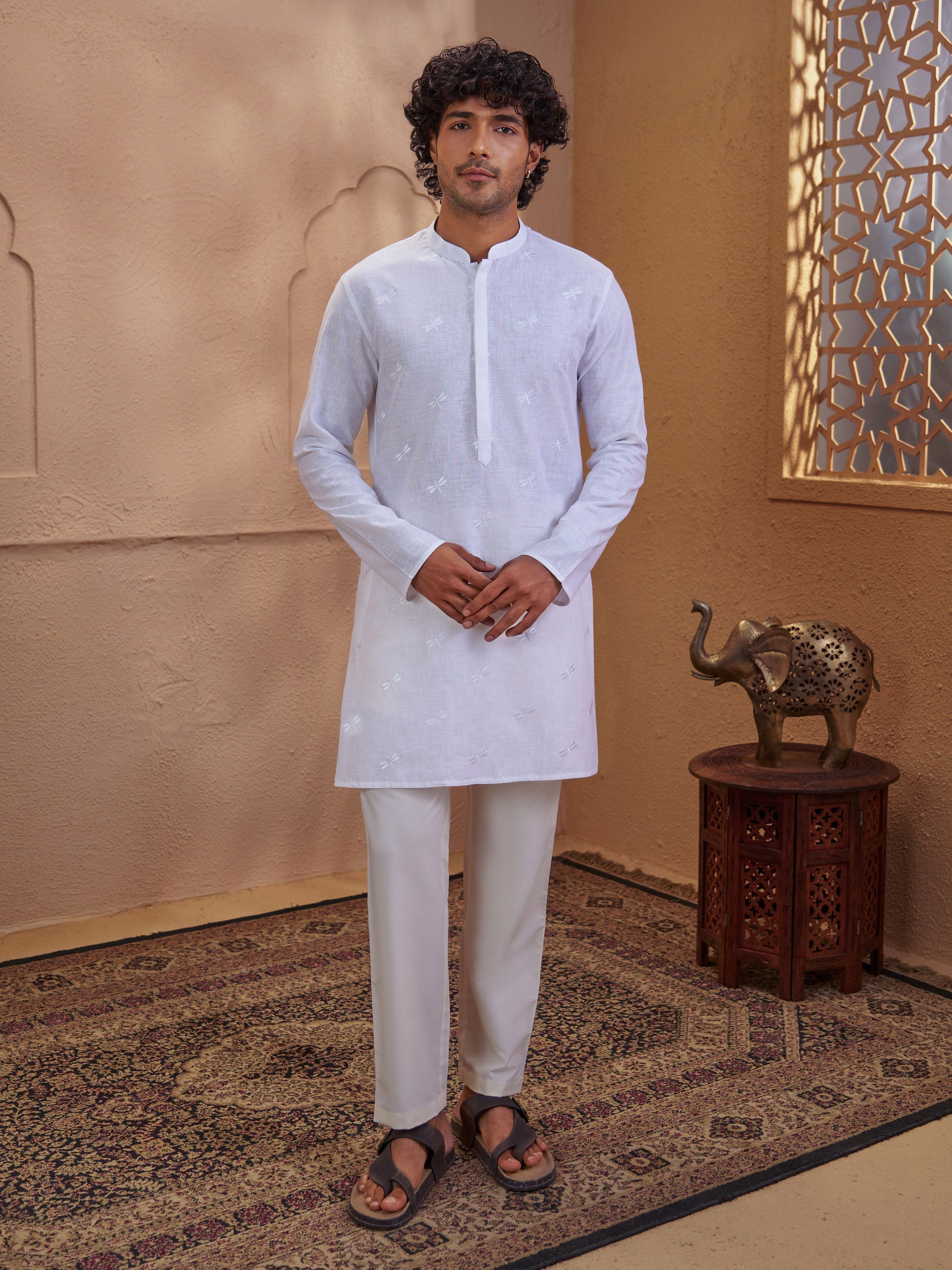 Men's White Cotton Embroidered Thigh Length Kurta With Pyjama