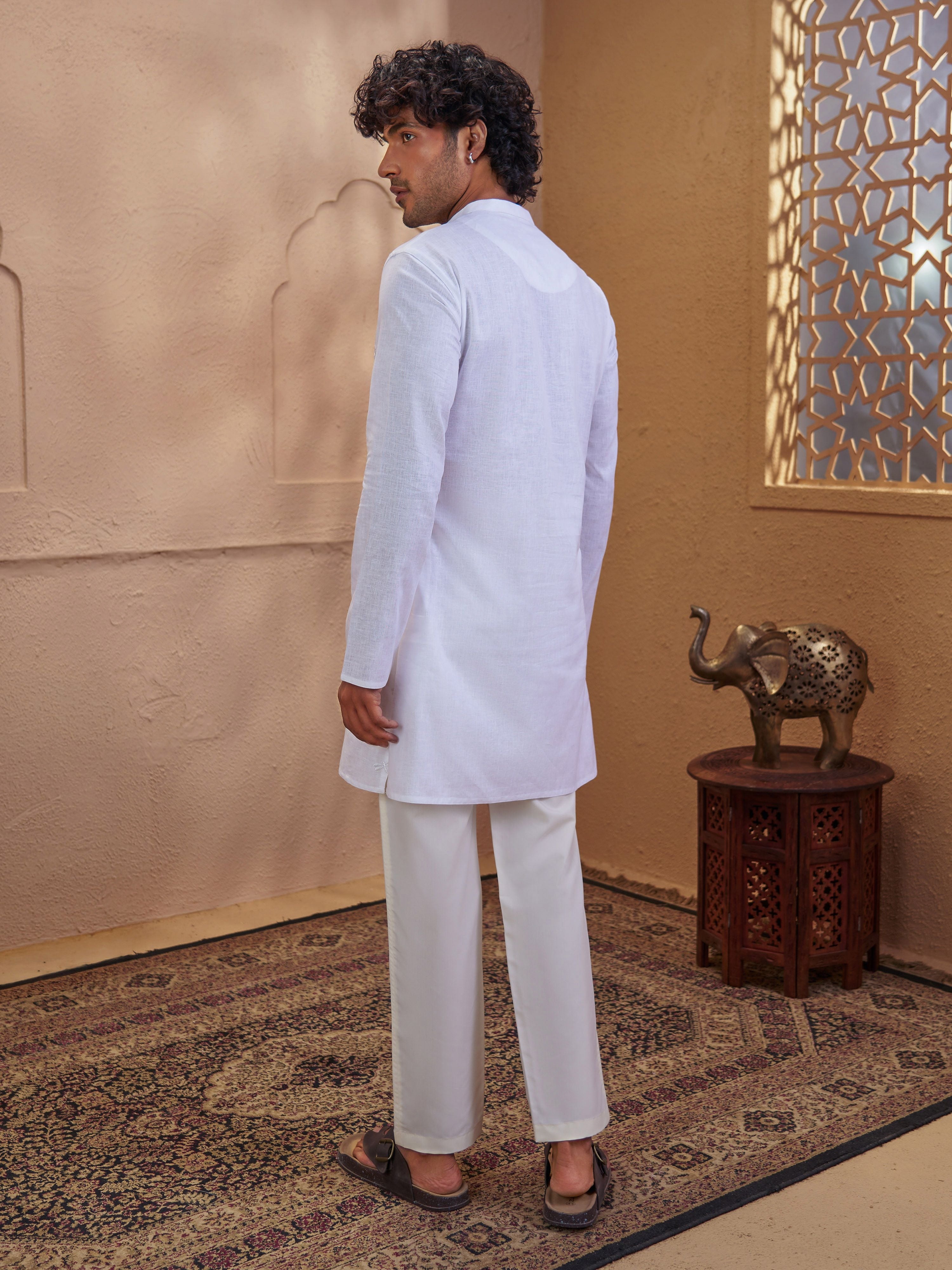 Men's White Cotton Embroidered Thigh Length Kurta With Pyjama