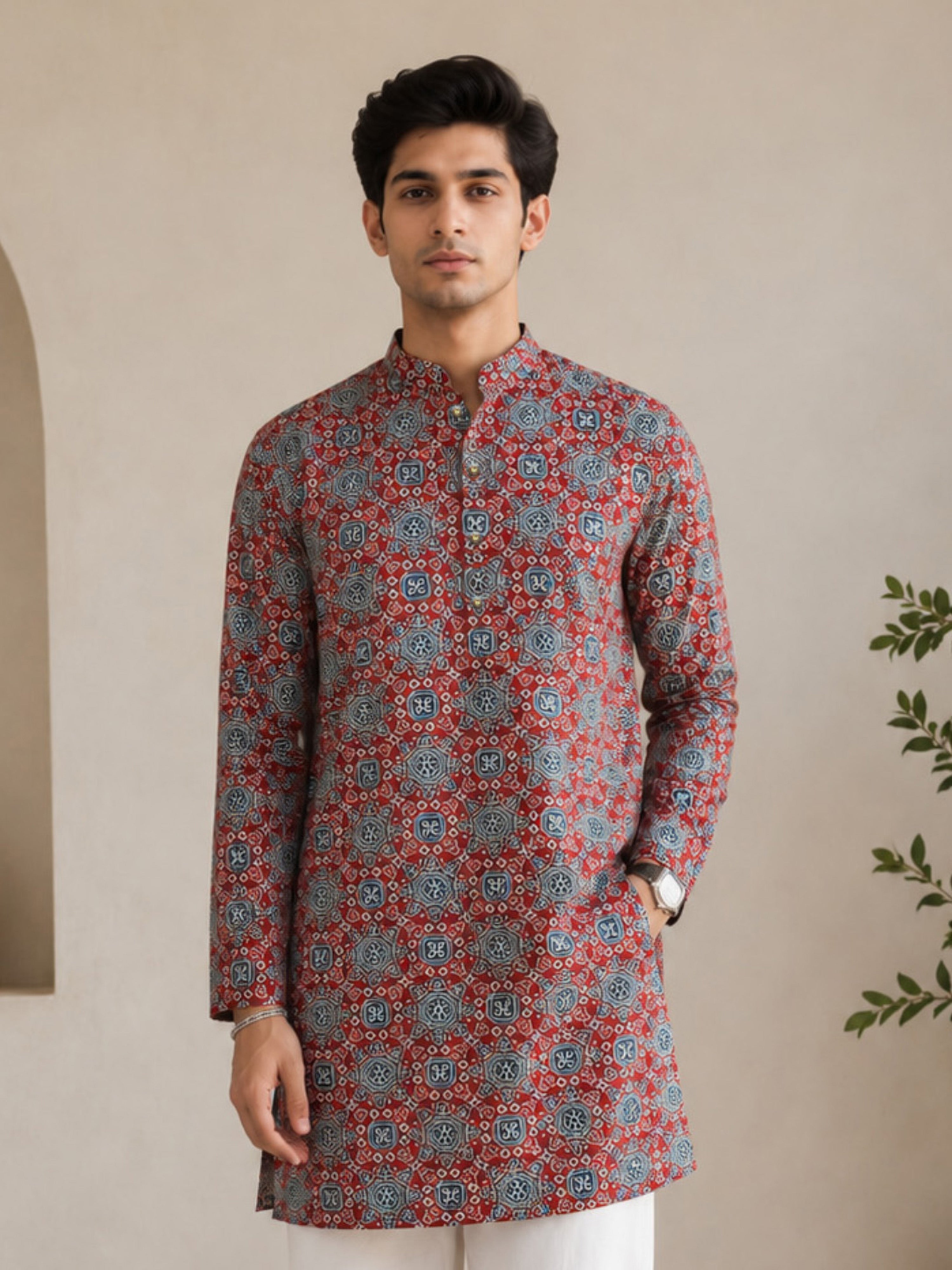 VASTRAMAY Men Red Ajrak Print Cotton Straight Kurta