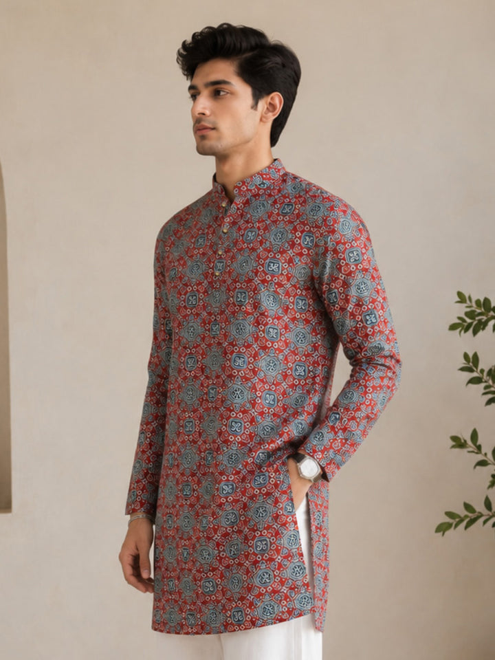 VASTRAMAY Men Red Ajrak Print Cotton Straight Kurta