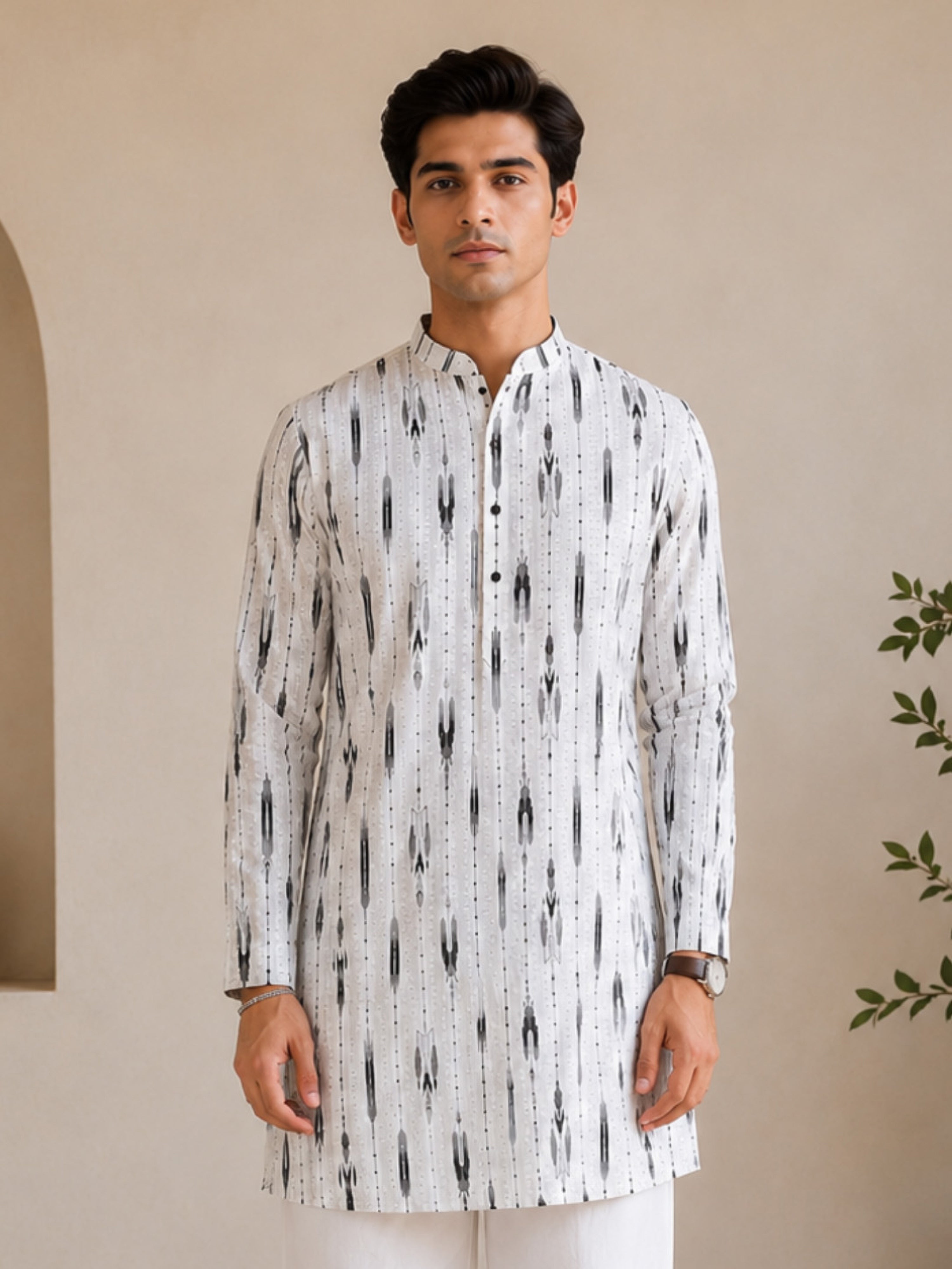 Vastramay Men White Cotton Ikkat Print Mandarin Collar Mid-Length Kurta