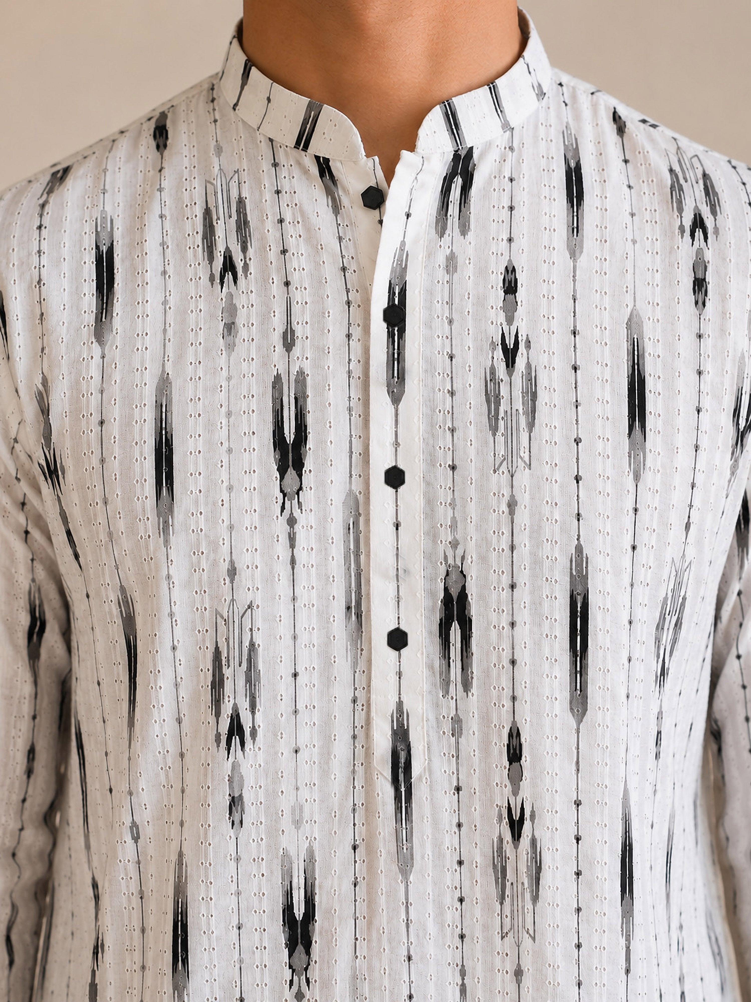 Vastramay Men White Cotton Ikkat Print Mandarin Collar Mid-Length Kurta