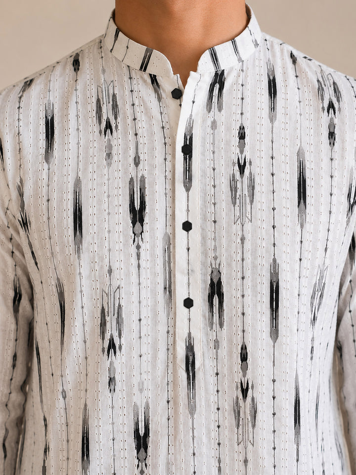 Men White Cotton Ikkat Print Mandarin Collar Mid-Length Kurta