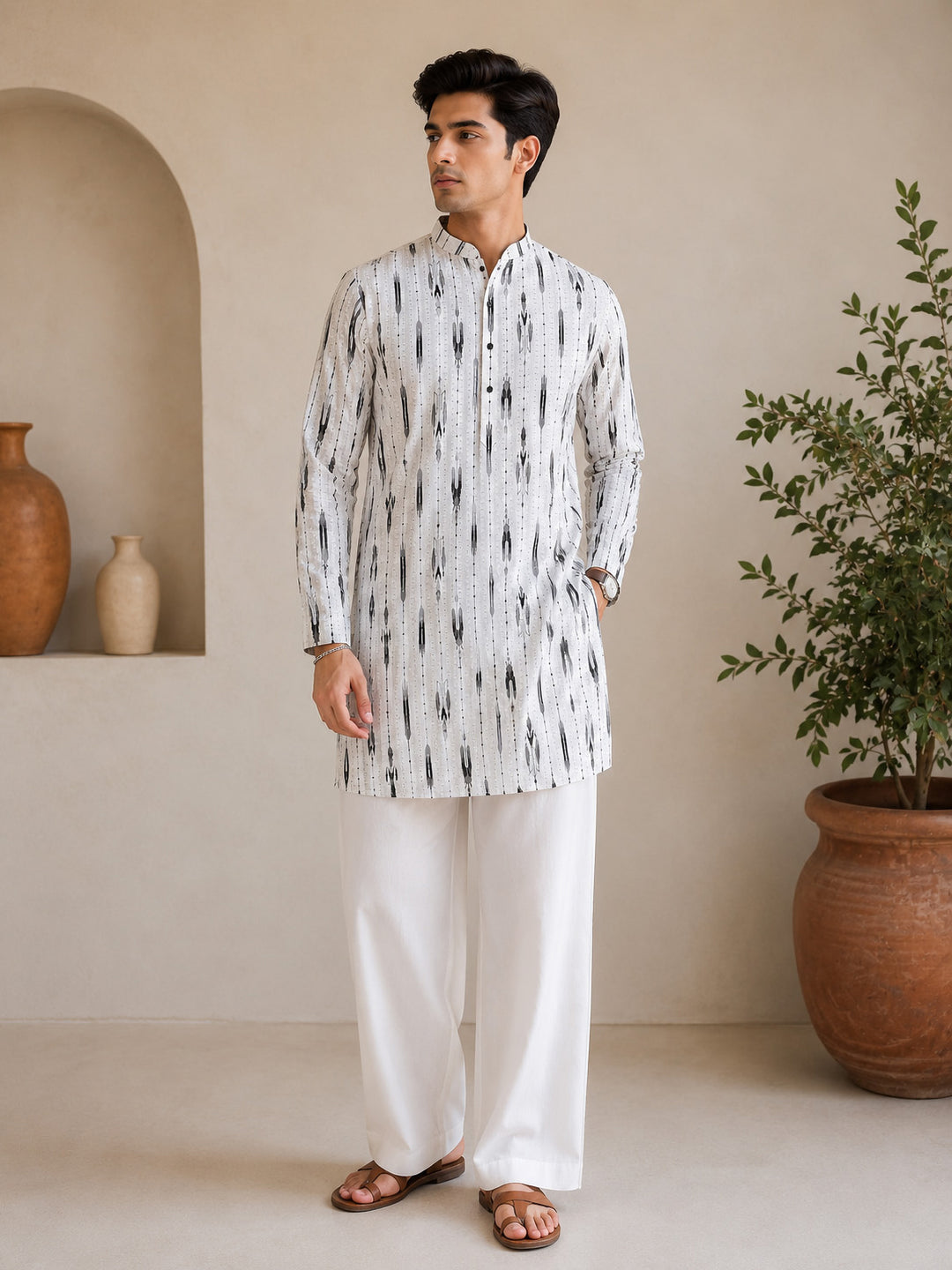 Men White Cotton Ikkat Print Mandarin Collar Mid-Length Kurta
